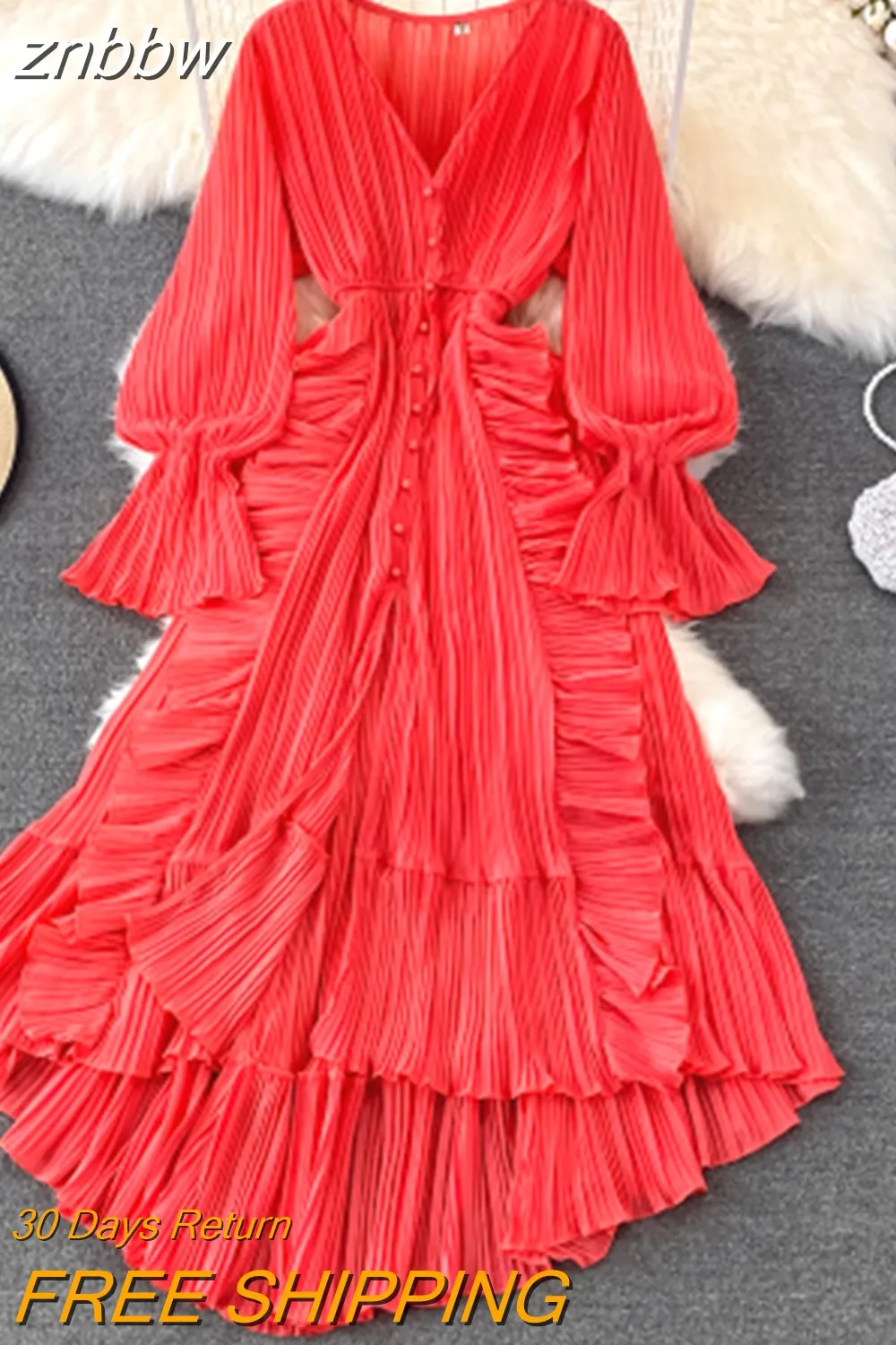 znbbw Autumn New Holiday Style Ankle Length Long Dresses Women Sexy V Neck Puff Sleeve Lace Elegant Evening Party Summer Dress - Image 4