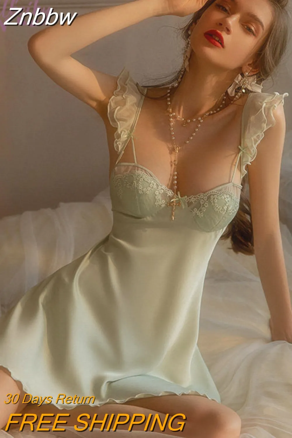 Znbbw Back Nightdress Women's Sleepwear Sexy Lingerie Ice Silk Satin Deep V Pajamas Nighties Nightwear Nightshirt Home Clothes - Image 2