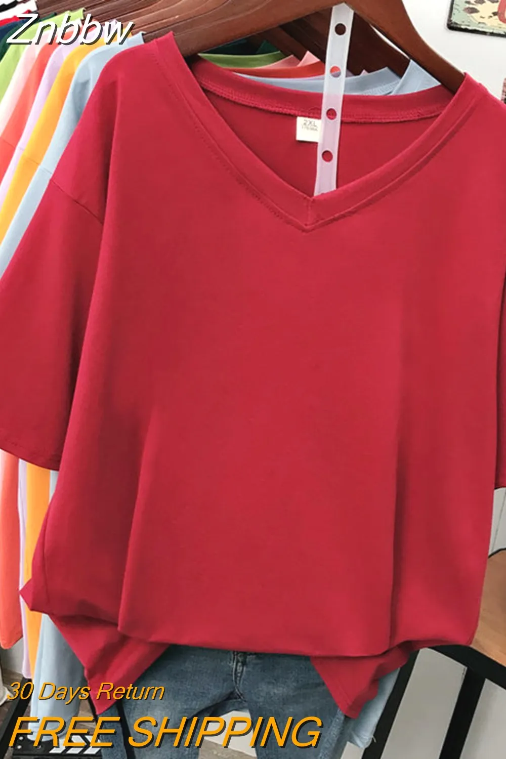 Znbbw 100% Cotton M-6XL T Shirt Solid V Neck Tshirt Short Sleeve Women's Top Basic Summer Couple Oversized T Shirts - Image 7