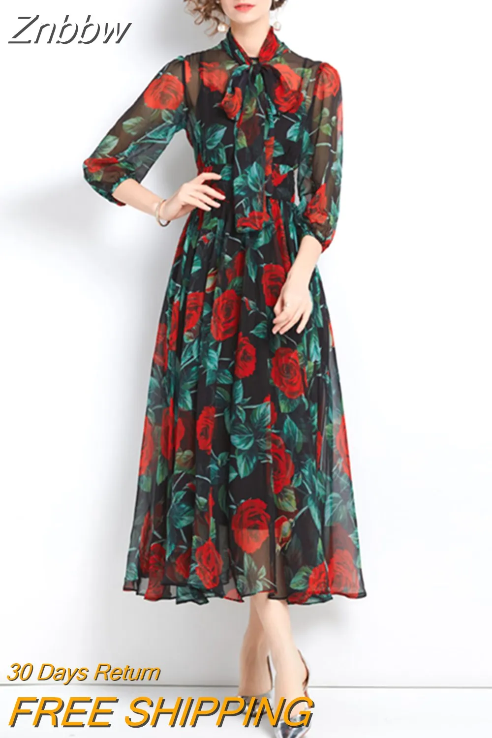 Znbbw Fashion Runway Autumn Vacation Chiffon Dress Women's Bow Collar Lantern Sleeve Retro Rose Flower Print Midi Party Dress