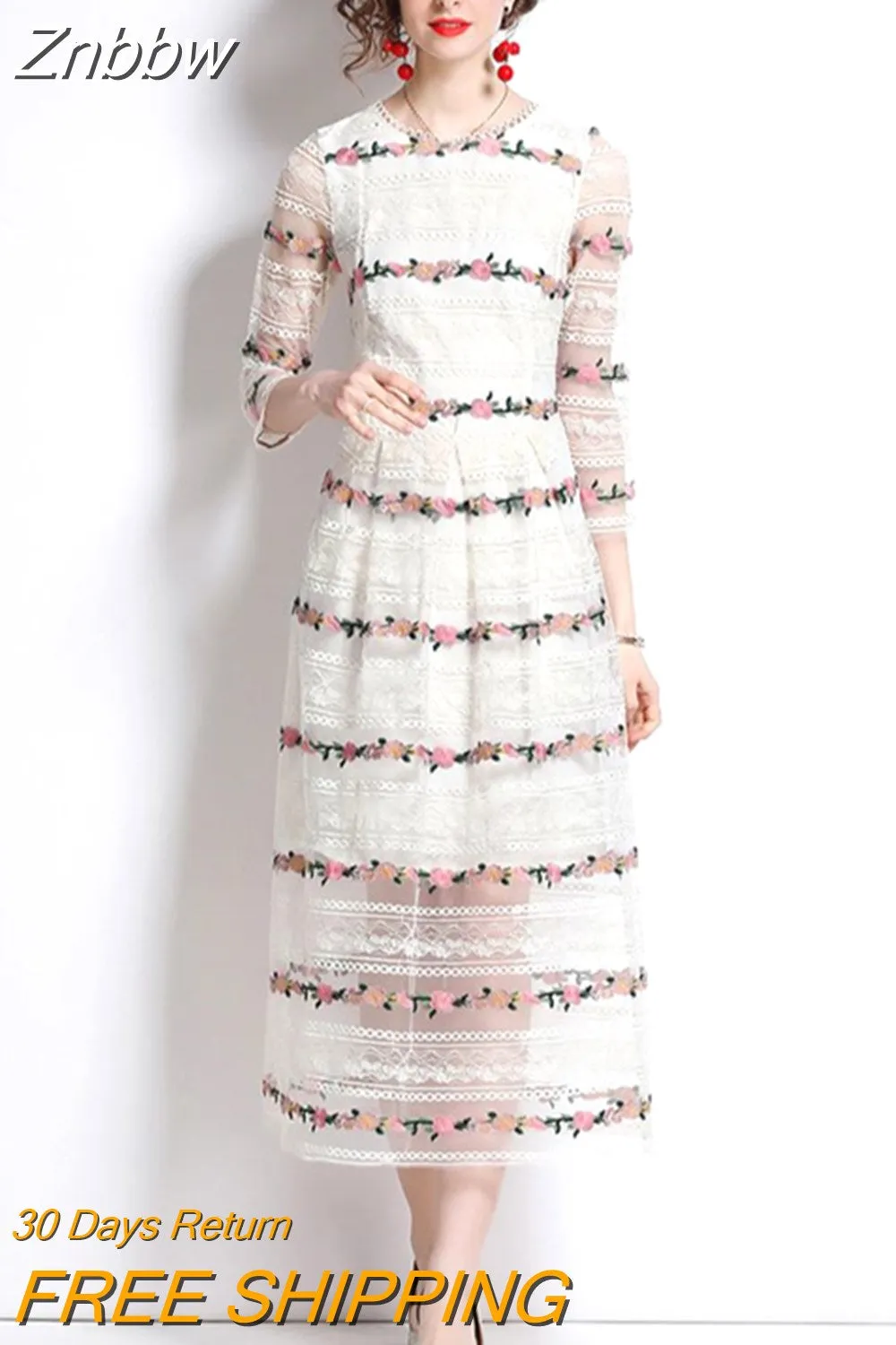 Znbbw Women Flower Embroidery Lace Dress Sweet Hollow Out Slim Long Sleeve Midi Dress 2023 Summer High waist Party Vestidos - Image 5