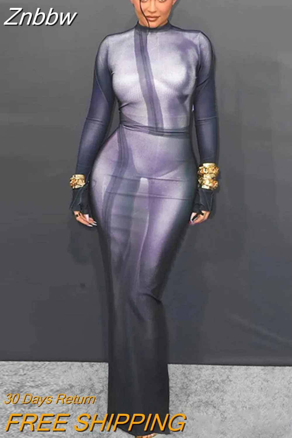 Znbbw Women Long Sleeve Printed Party Club Bodycon Streetwear Long Dress 2023 Summer Autumn Wholesale Items For Business