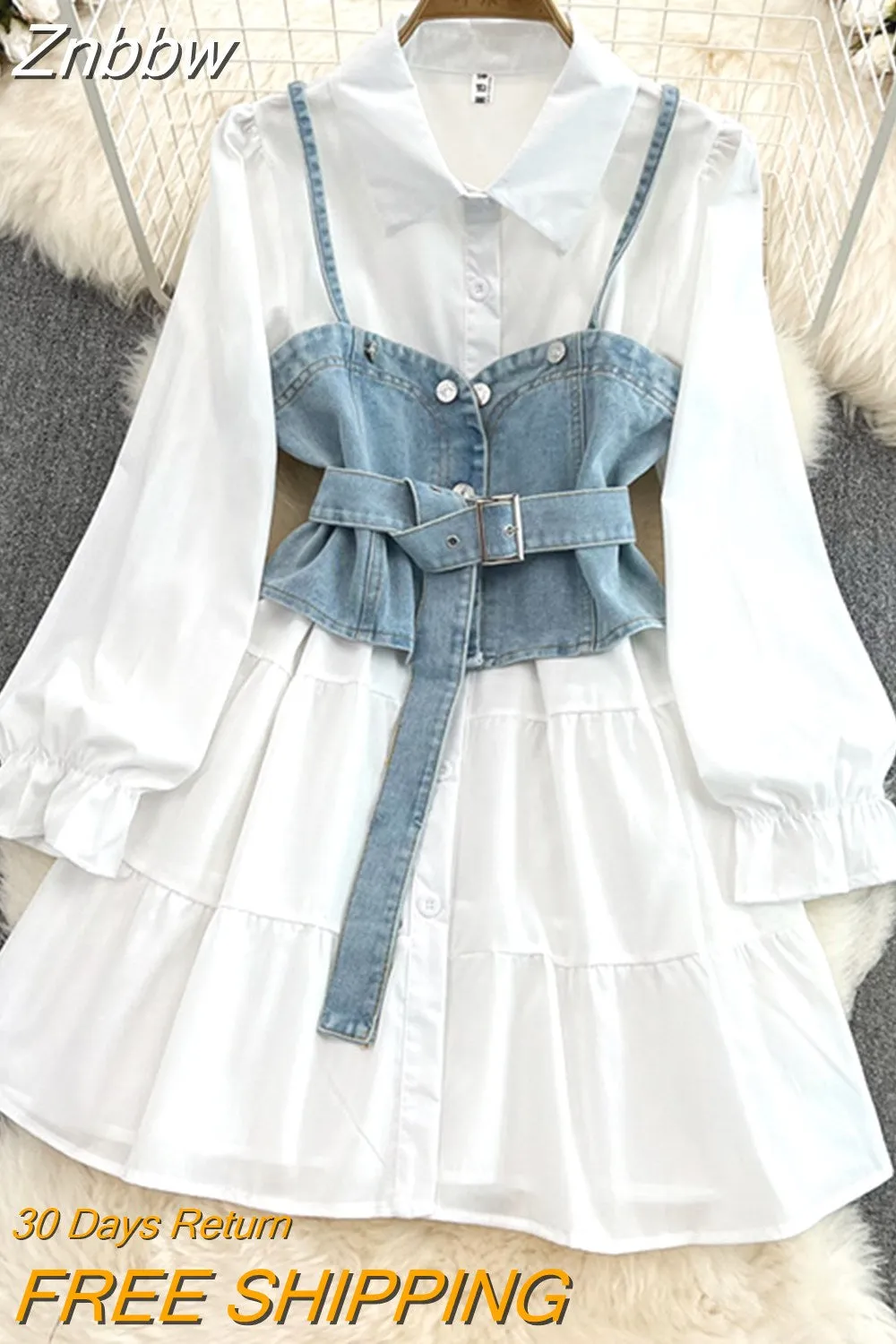 Znbbw Autumn Cowboy Waistcoat Shirt Dress Female Elegant Length Sleeve White Shirt Dress Vest Women's Two-piece Set GD785 - Image 4