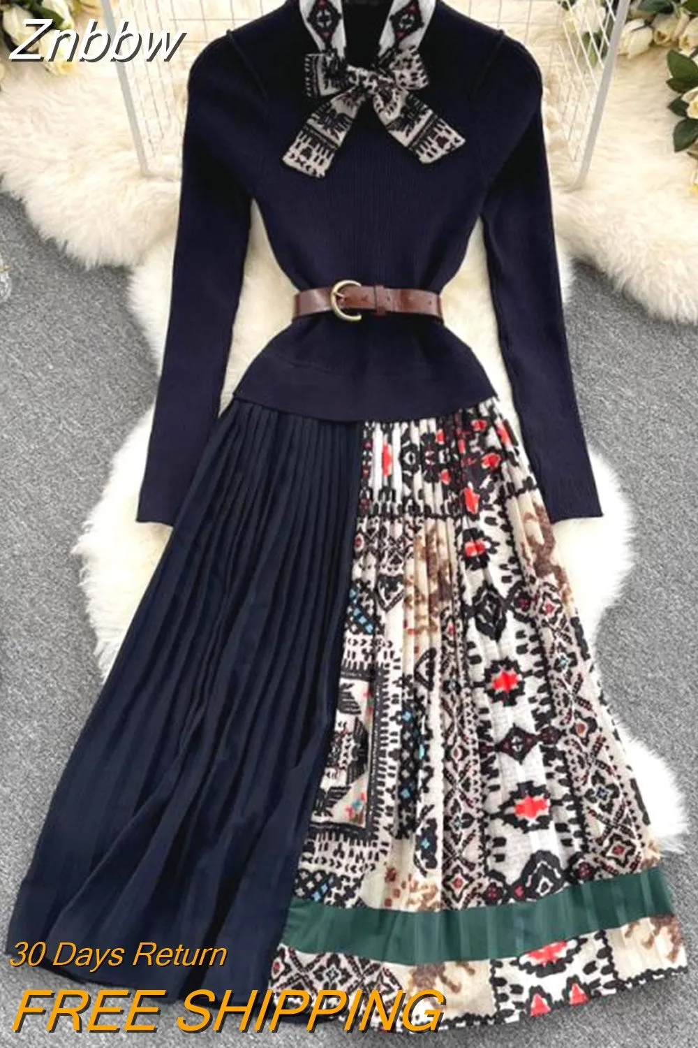 Znbbw 2023 Autumn Winter Fashion Runway Vintage elastic Knitted Dress Women Long Sleeve Patchwork Pleated Belted Midi Dress - Image 5