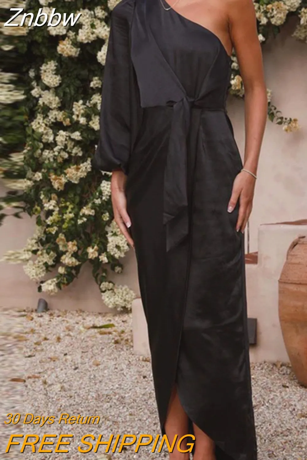 Znbbw Asymmetric Long Dress New Autumn Women's Off Shoulder Lantern Sleeve Party Dress Elegant Lace Up Waist Satin Slim Fit Dress - Image 2