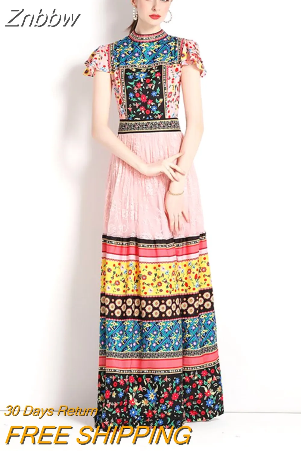 Znbbw 2023 Summer Runway Designer Lace Stitcing Maxi Dress Women's Flying Sleeve Floral Print Long Pleated Party Vestidos - Image 3