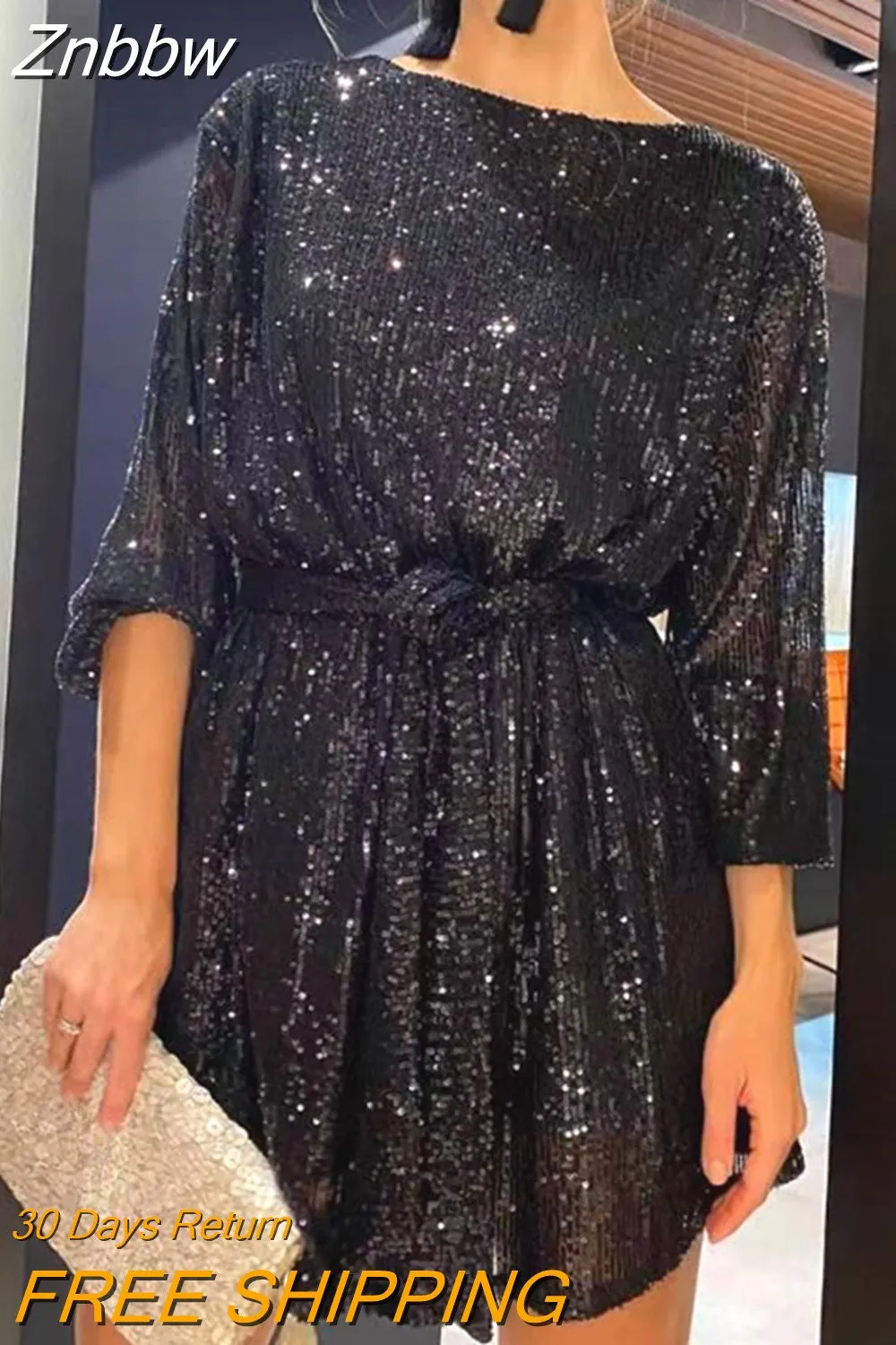 Znbbw Autumn Fashion Light Gold Sequined Gitter Sexy Bodycon Mini Dress Women O Neck Long Sleeve Lace Up Evening Party Dresses - Image 5