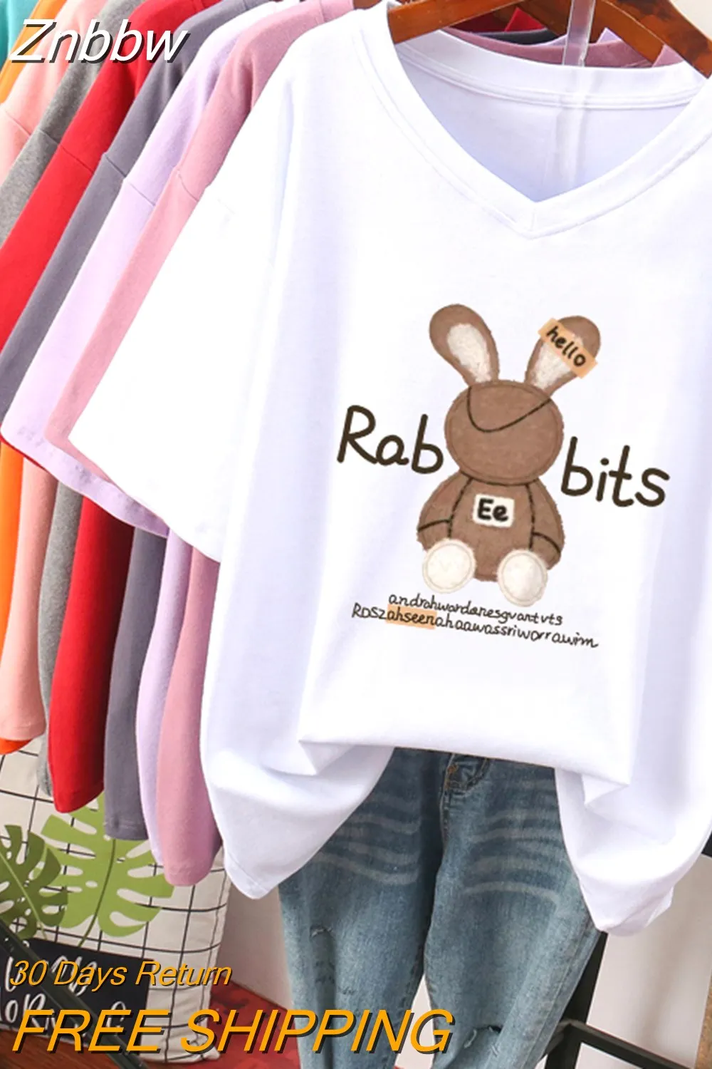 Znbbw 100 Cotton L-5XL Plus Size T Shirt Cartoon Print Tshirt Short Sleeve Women's Top Summer Kawaii Couple V Neck T Shirts - Image 9