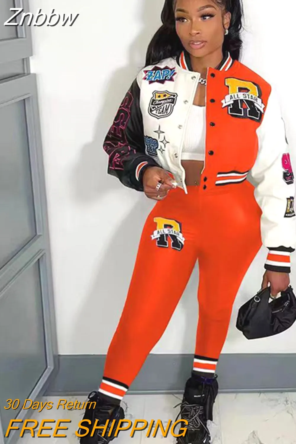Znbbw Letter Casual Two Piece Set For Women Single Breasted Baseball Jogging Suits Full Sleeve Short Jacket Trousers Suit - Image 12