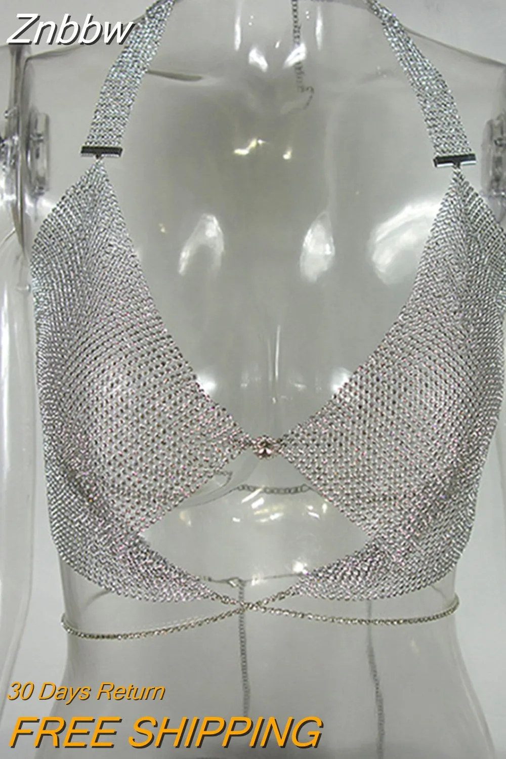 Znbbw 2023 Summer Crop Top Sexy Camisoles Women V-neck Crystal t-shirt Halter Tops Backless Bustier Metal Tank Top bts - Image 5