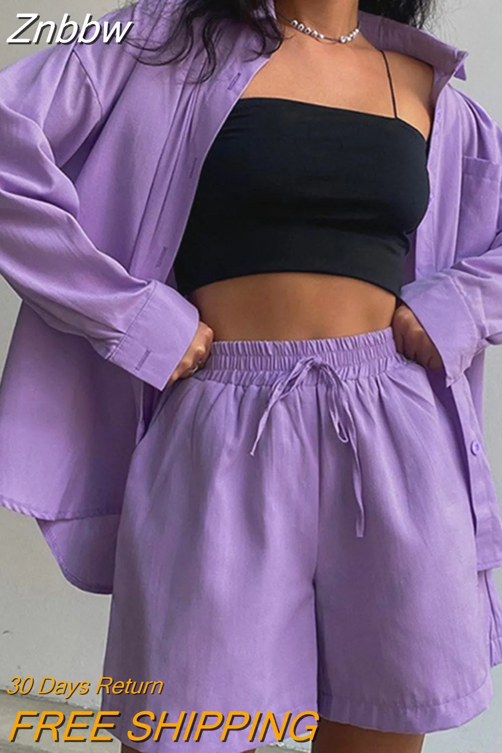 Znbbw Women Tracksuits Shirt Shorts Two Piece Sets Long Sleeve Blouse And Mini Shorts Suits Summer Casual Fashion Loose Female Outfits - Image 6