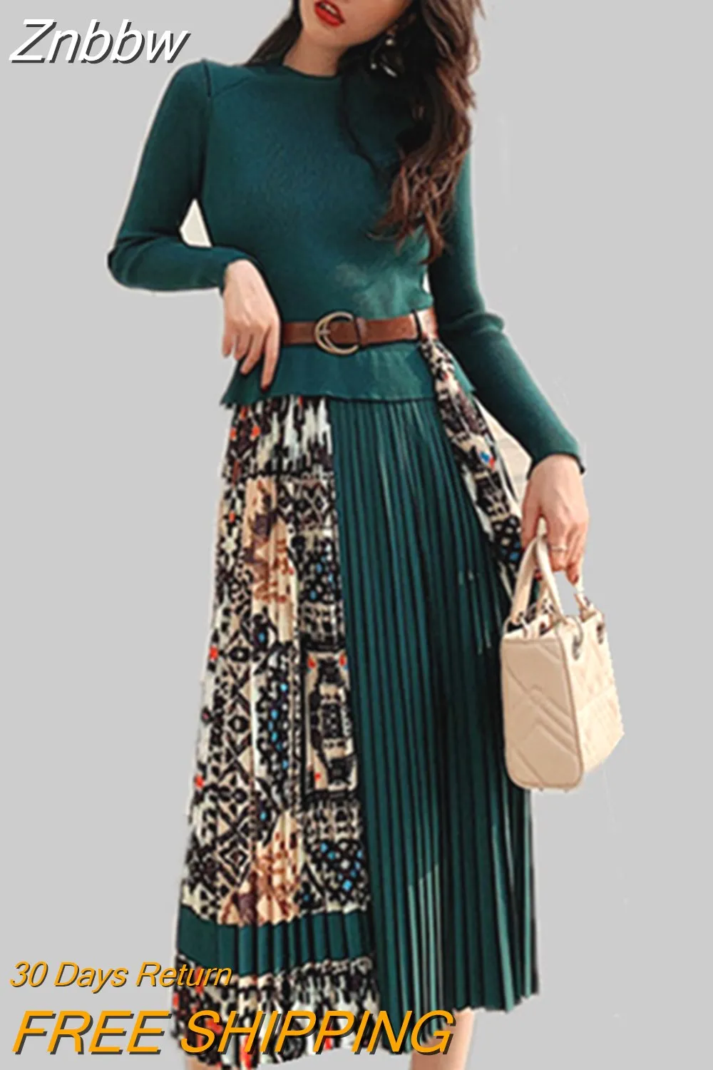 Znbbw 2023 New Spring Autumn Elegant Knitted Patchwork Pleated Midi Dress Women Long Sleeve Retro Runway Printing chic Dresses