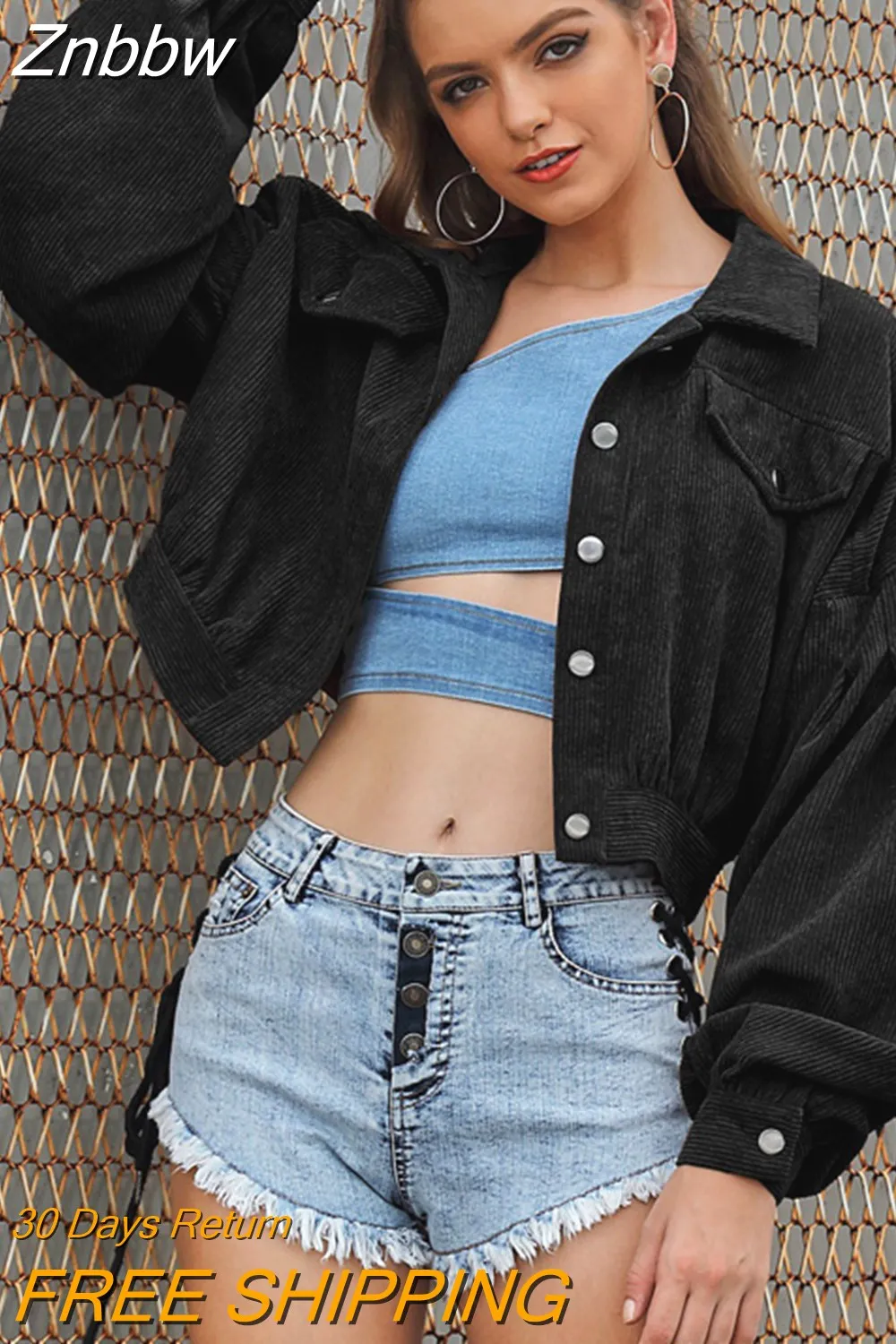 Znbbw Turn Down Collar Single Breasted Lantern Sleeve Corduroy Jacket 2023 Autumn New Women Solid Cropped Coat Jackets - Image 4