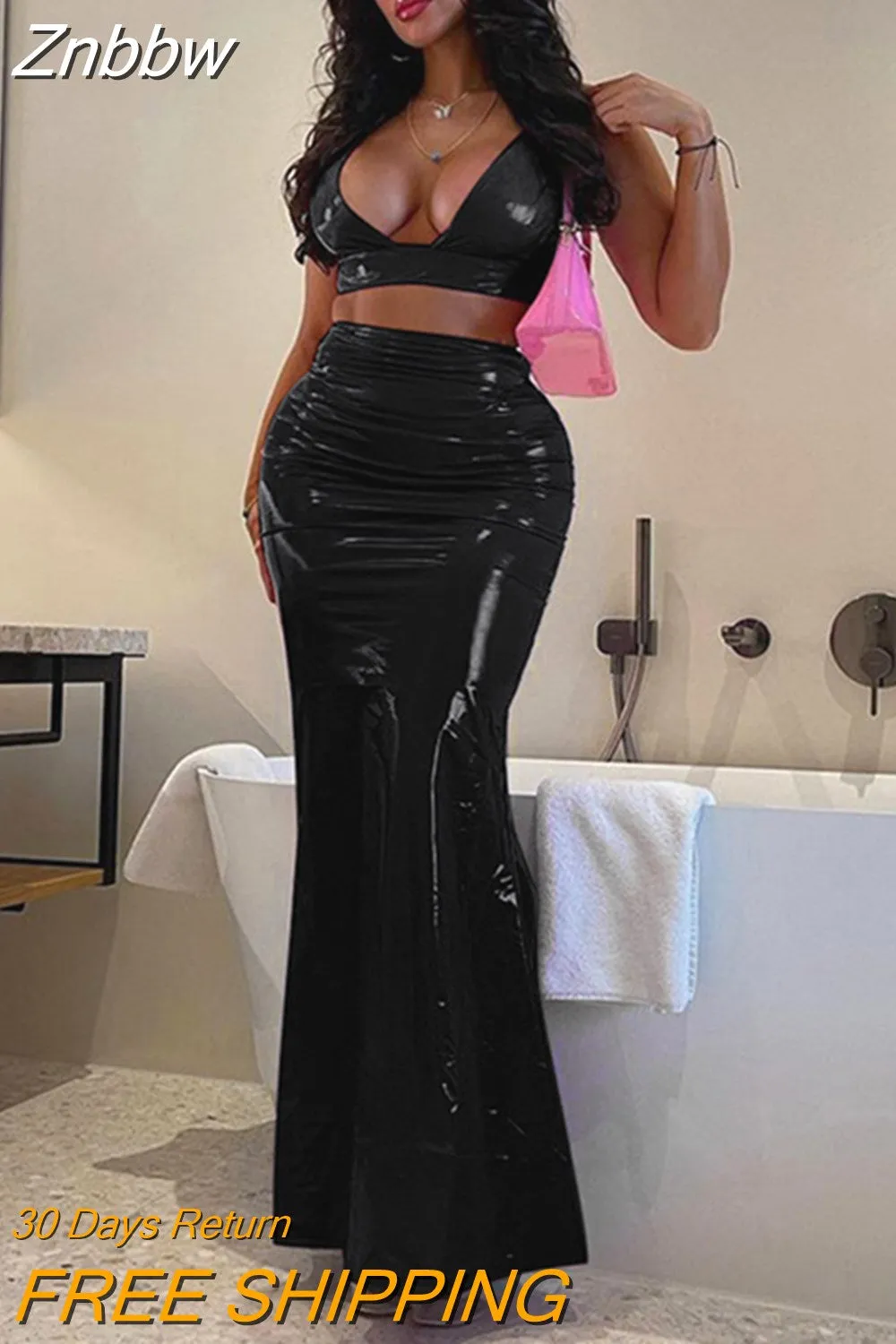 Znbbw Piece Set Women Faux Leather Outfits Sexy Backless Lace Up Camisole Top+High Waist Casual Maxi Skirt 2023 Spring Fall Suits - Image 4