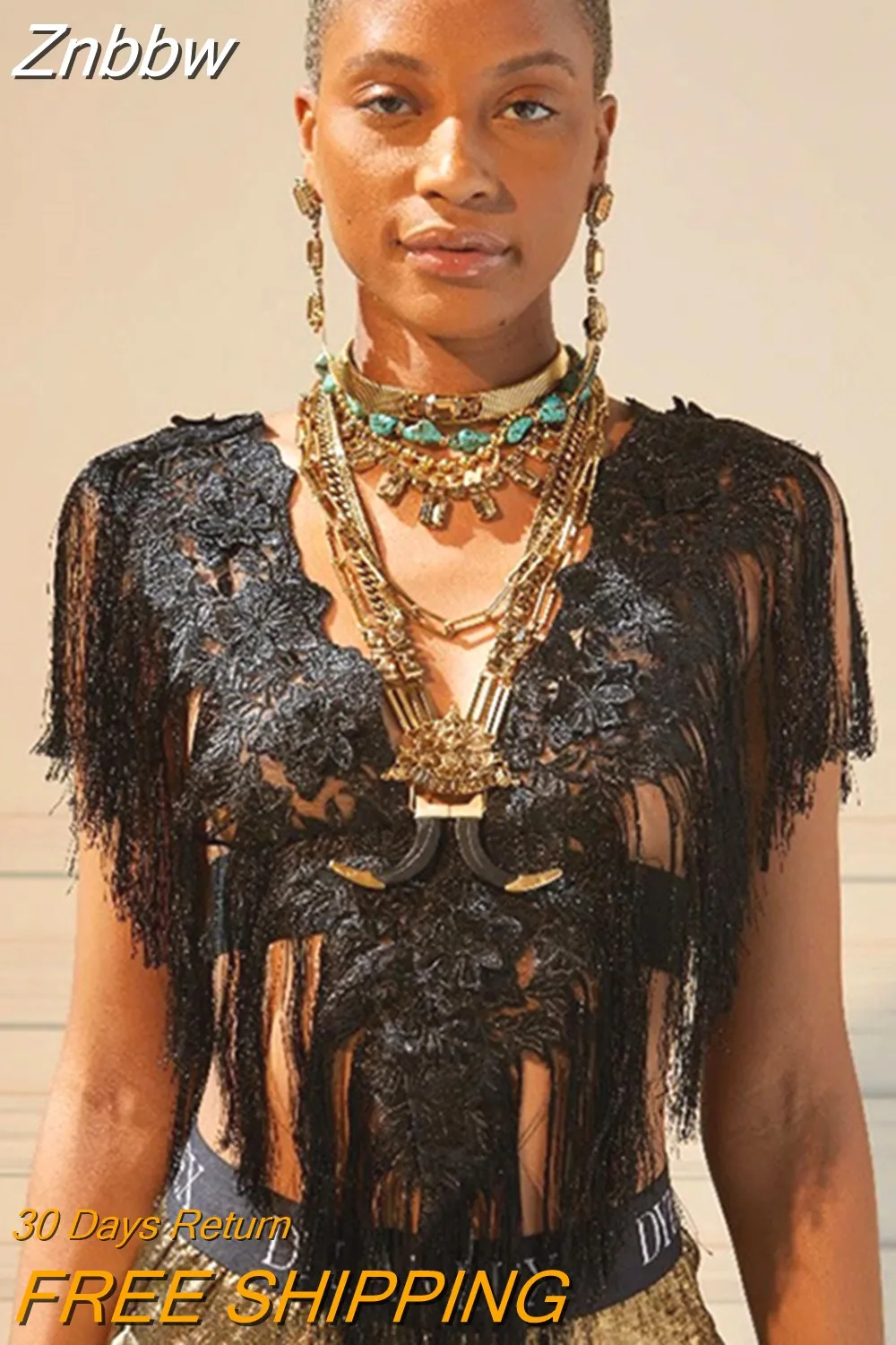 Znbbw Women Sexy Lace See Through V Neck Party Club Black T Shirt Tops 2023 Summer Clothes Wholesale Items For Business 0410