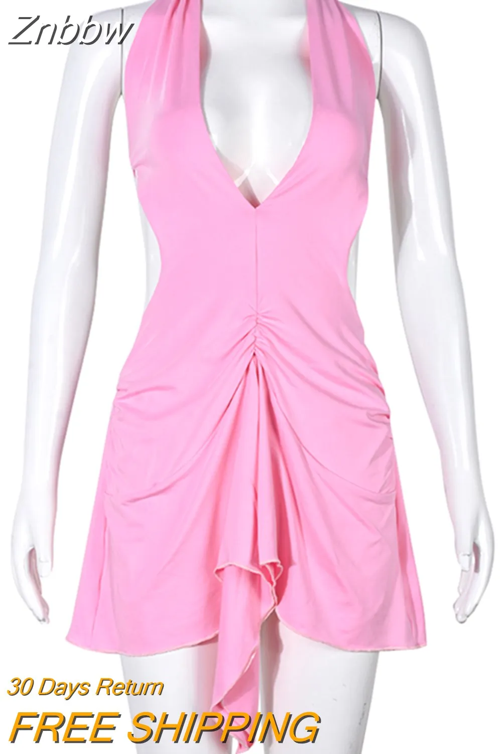 Znbbw Bandage Lace Up Backless Pleated Mini Dress Women Sleeveless Deep V Solid Pink Robe 2023 Summer Harajuku Lolita Y2K Clothes - Image 3