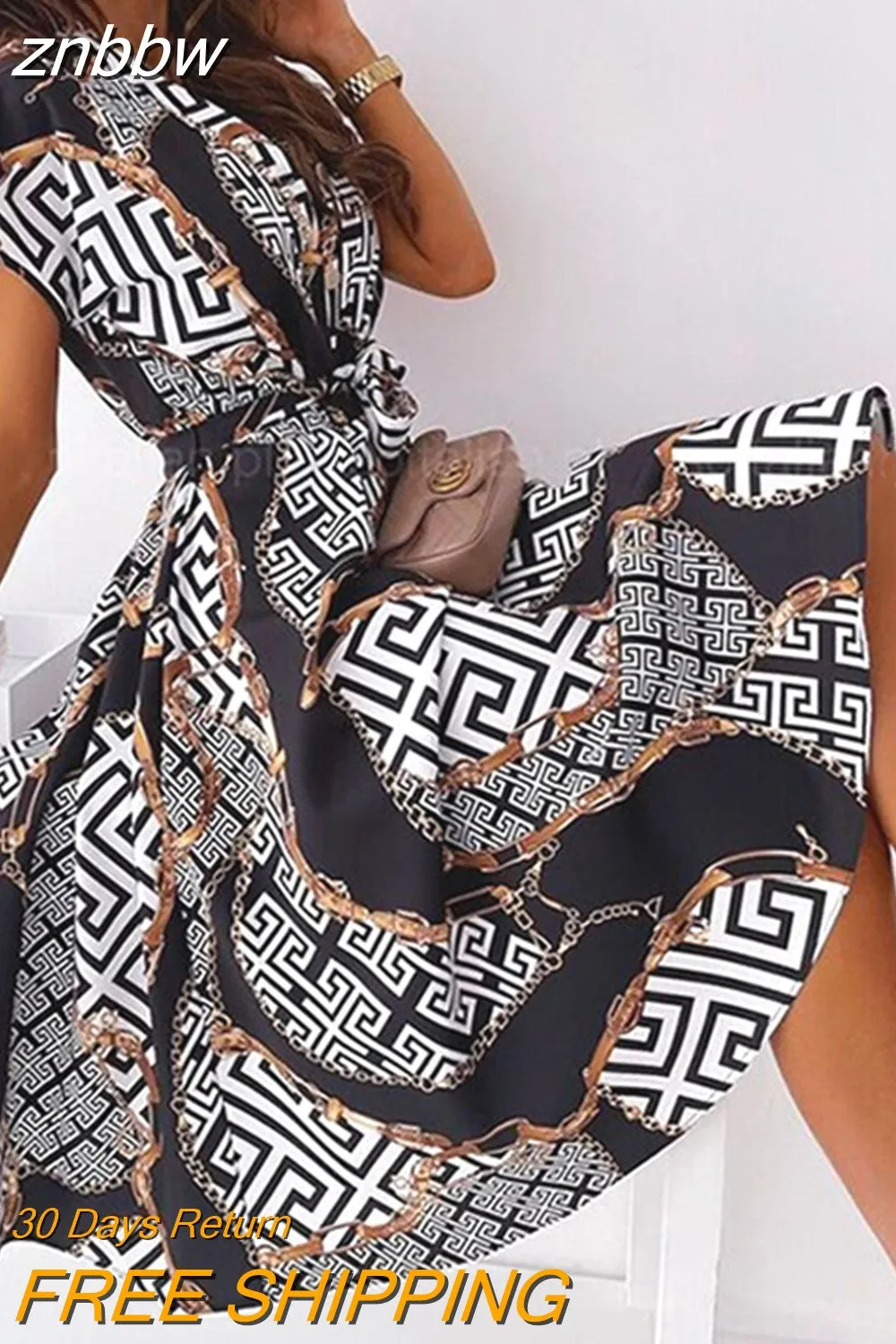 znbbw Women Lace-Up Belt Sundress 2023 Vintage Pattern Print A-Line Midi Beach Dress Sexy V Neck Button Short Sleeve Cover-Ups - Image 4