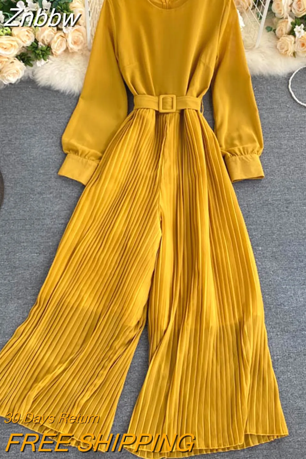 Znbbw Women's Spring Autumn Jumpsuit New Solid Color Round Neck Long-sleeved Pleated Wide-leg Pants Lace Up Thin Jumpsuit LL061 - Image 7