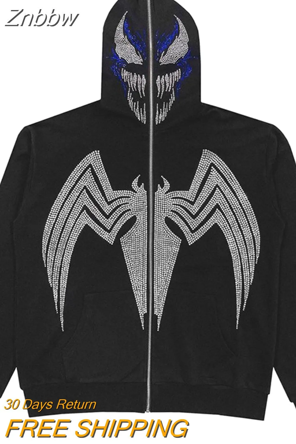 Znbbw Fashion Hot-selling Rhinestones Skeleton Print Black Y2k Gothic Long-sleeve Full Zip Hoodie Oversized Sweatshirt Jacket - Image 7