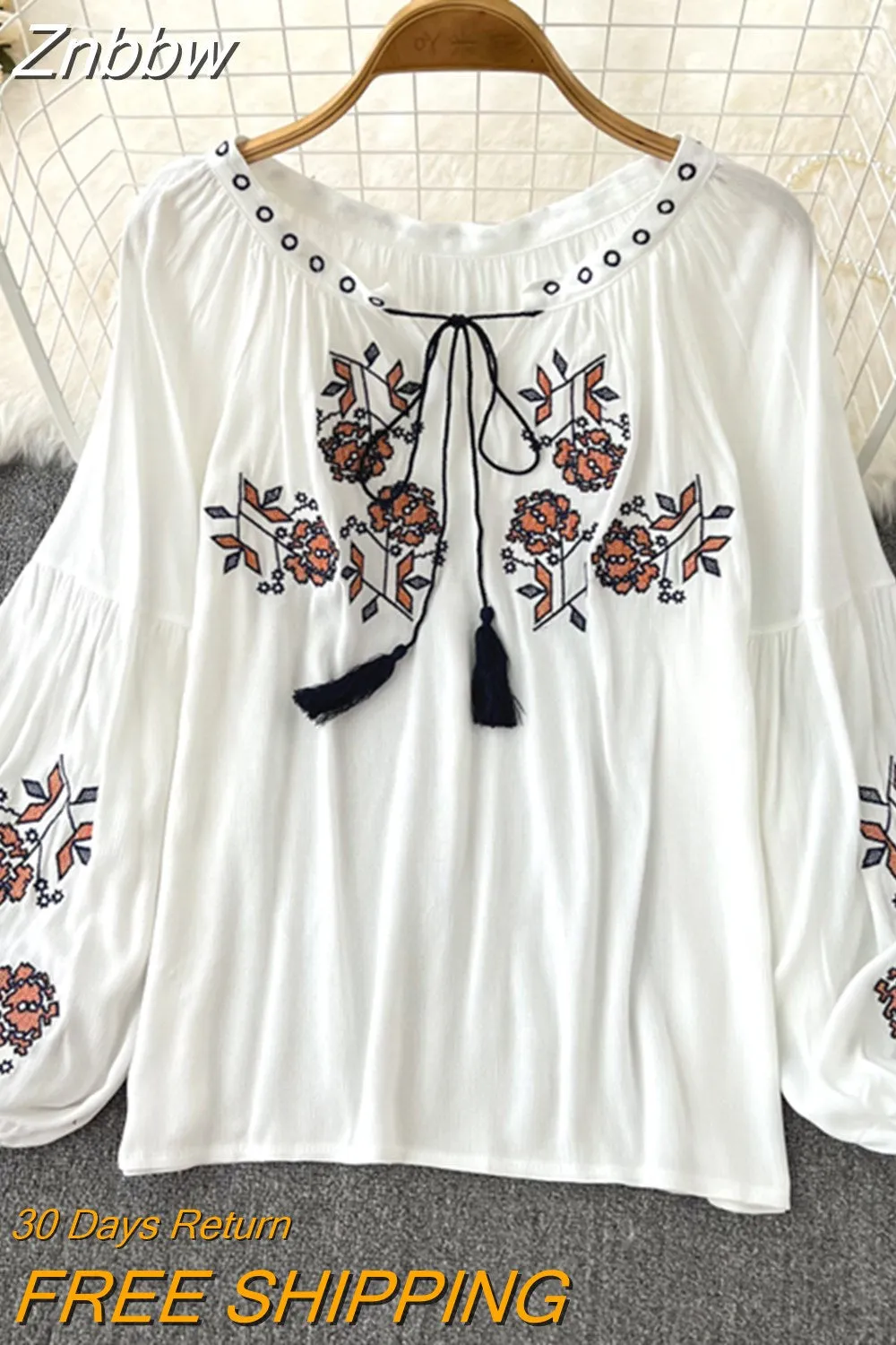 Znbbw Women's Retro Blouse National Style Embroidered Lace-Up Tassel V-Neck Lantern Sleeve Tops Loose All-Match Female Blusa G05 - Image 7