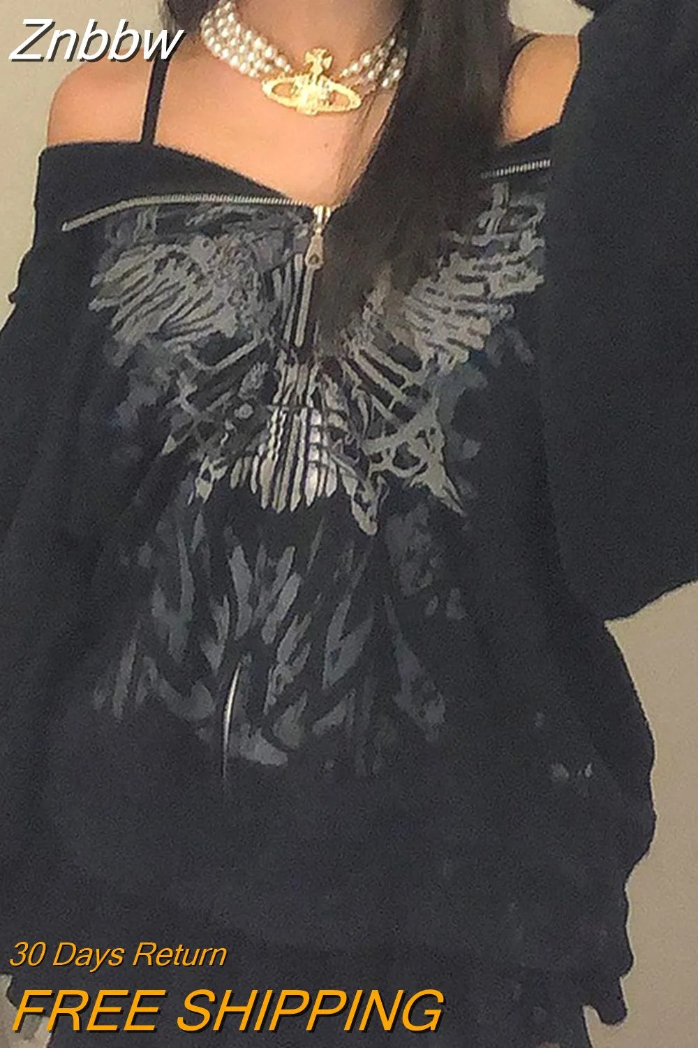 Znbbw Gothic Butterfly Print Oversize Zip Up Hoodies 2023 Winter New Grunge Long Sleeve Sweatshirt Casual Hooded Jacket Streetwear
