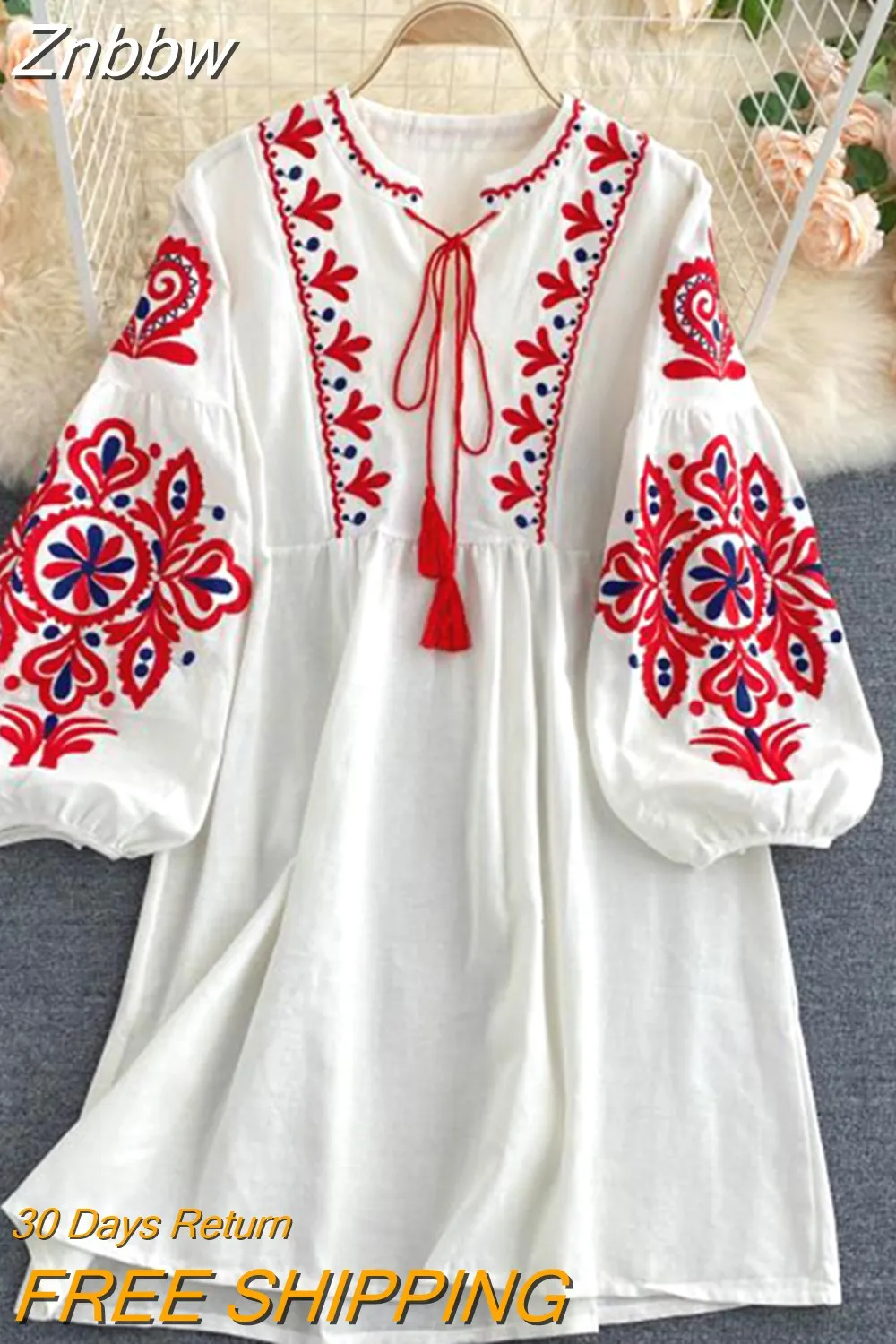 Znbbw Autumn Women's Retro Ethnic Embroidered Dress Lantern Sleeves Bohemian Holiday Dress Women GD678