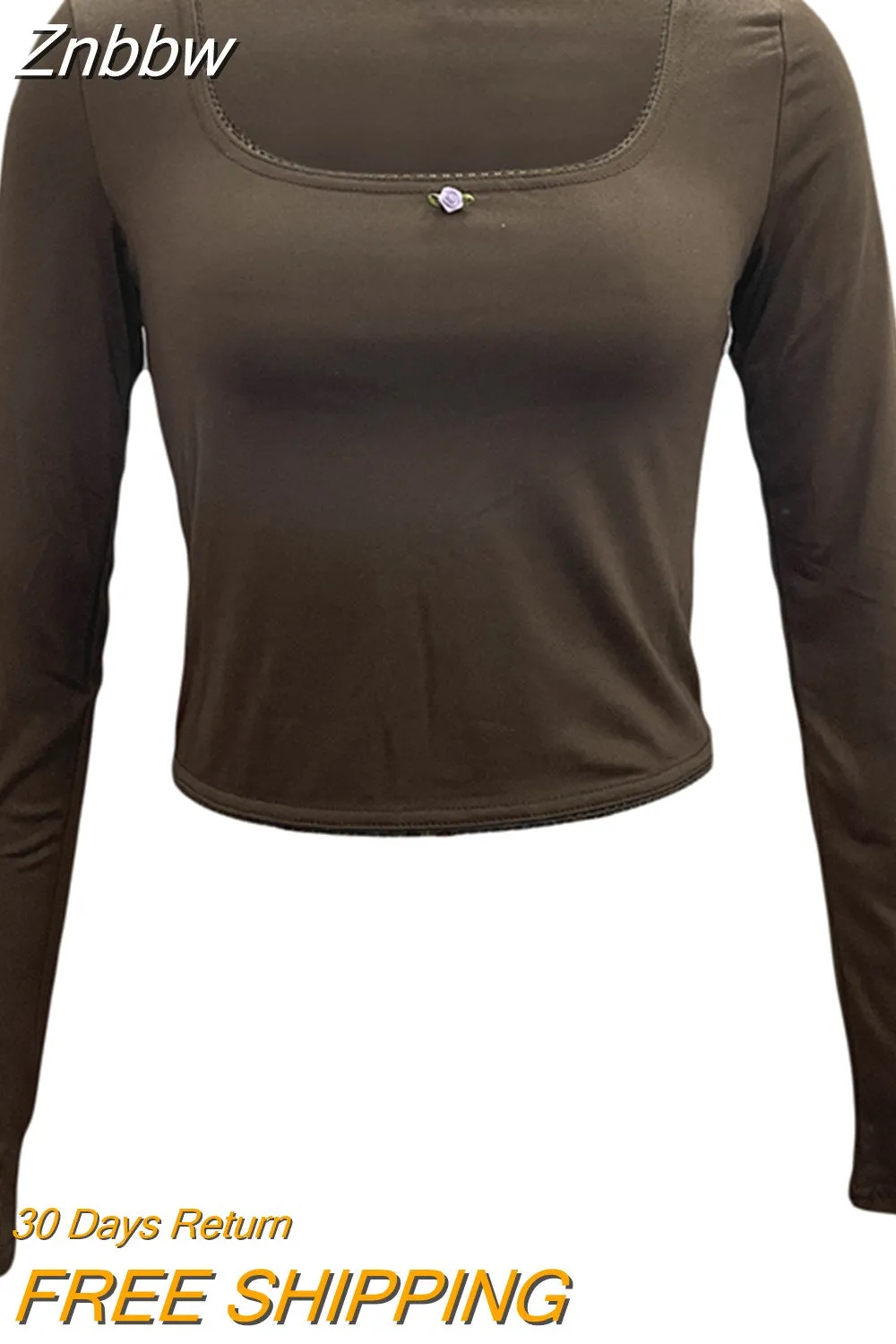 Znbbw Women Y2K Fairy Vintage Lace Trim Flower Long Sleeve Crop Tops Square Neck Solid Slim Fit T-shirts Tops 2000s Aesthetic Clothes - Image 5