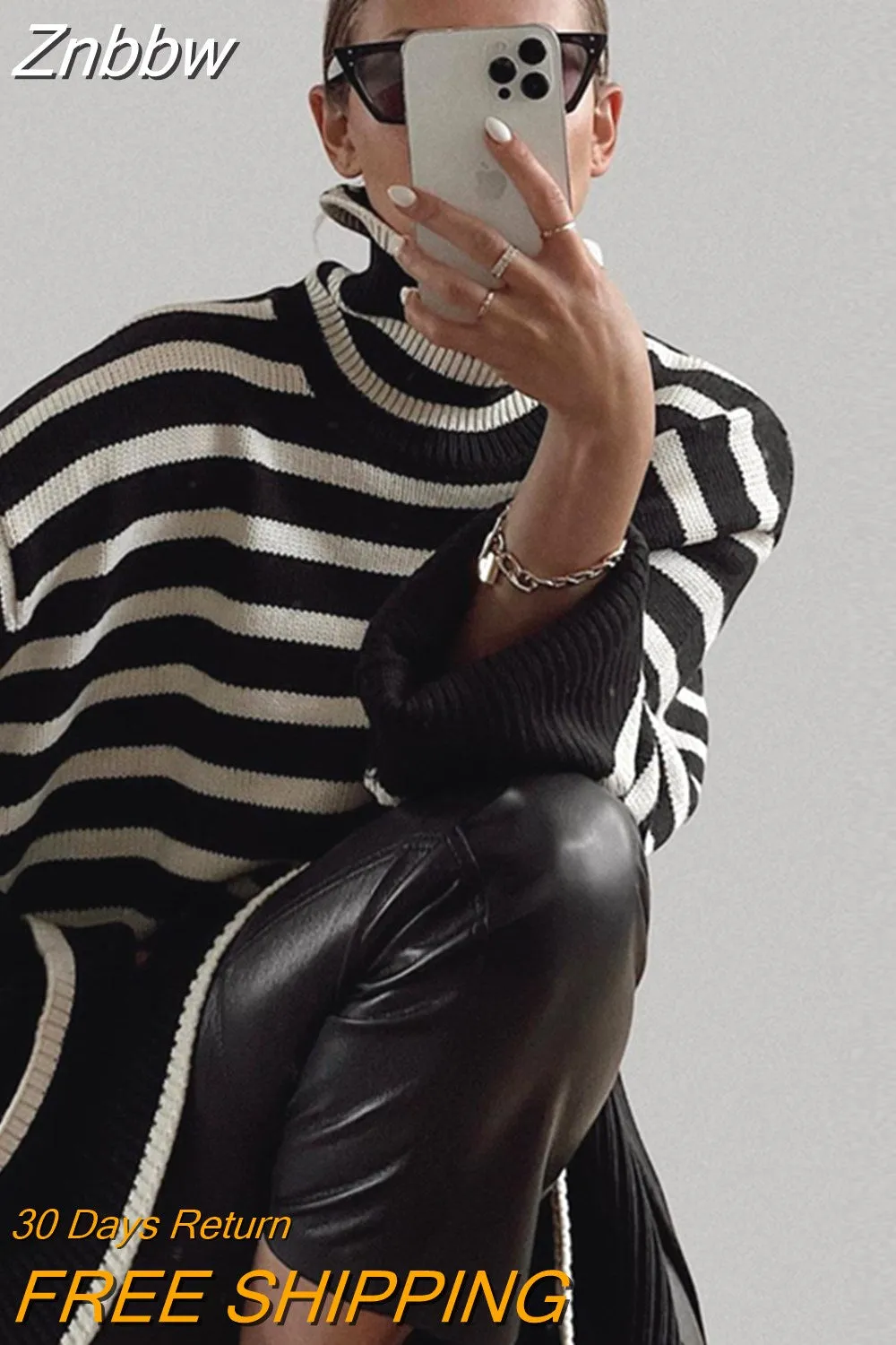 Znbbw Women Turtleneck Sweaters Striped Split Autumn Winter Long Flare Sleeve Knitted Pullover Oversized Y2K Female Knitwear Top - Image 9