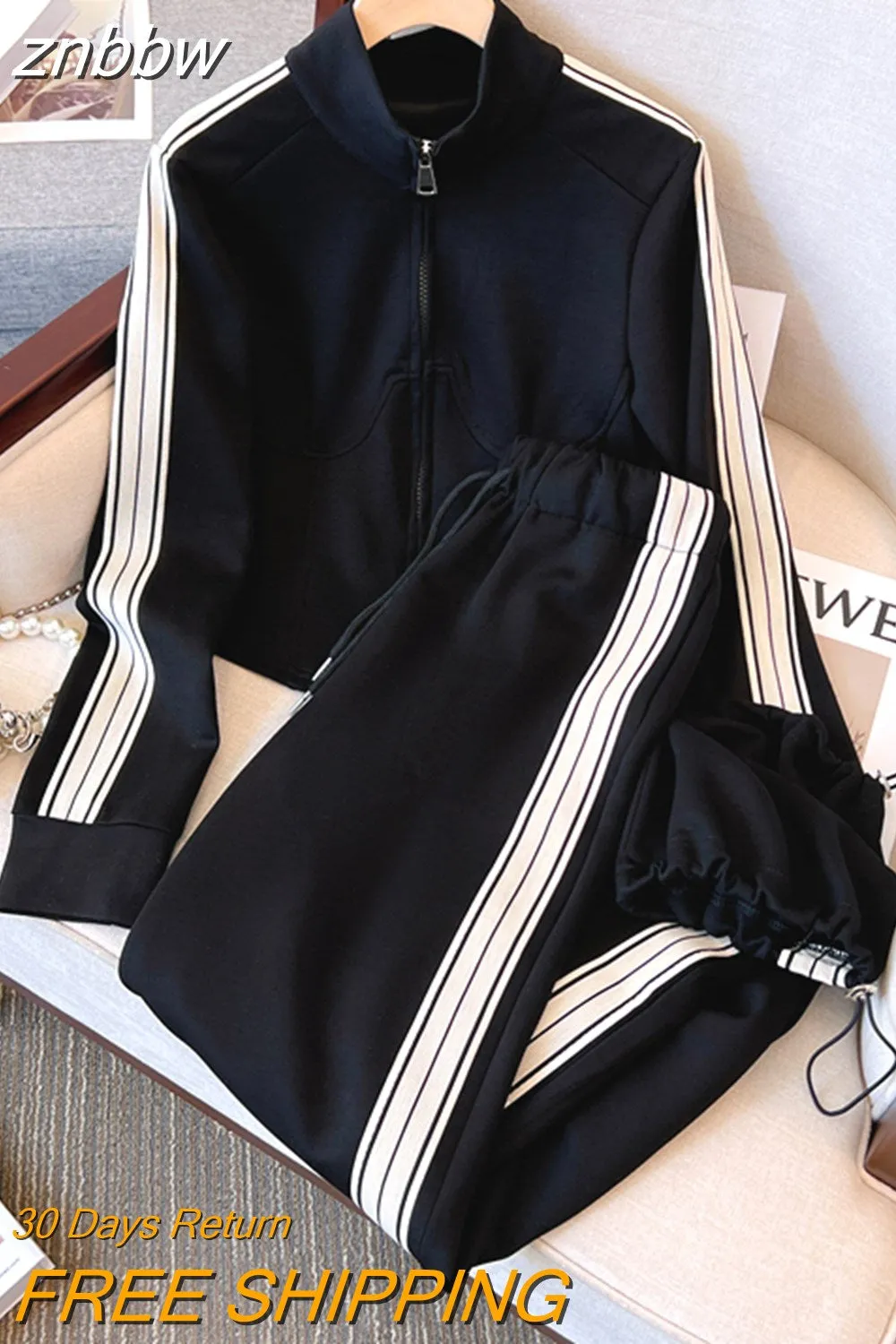 znbbw Women's Two Piece Black Sport Set  Long sleeves Zipper Coat and Pants Tracksuit Female Casual Matching Sets Sportswear Fall 2023 - Image 3