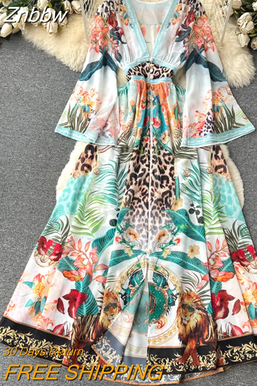 Znbbw Deep V-Neck Flare Sleeve Bohomain Long Dress Women Clothing Runway Vintage Print Single Breasted Maxi Vestidos N1973