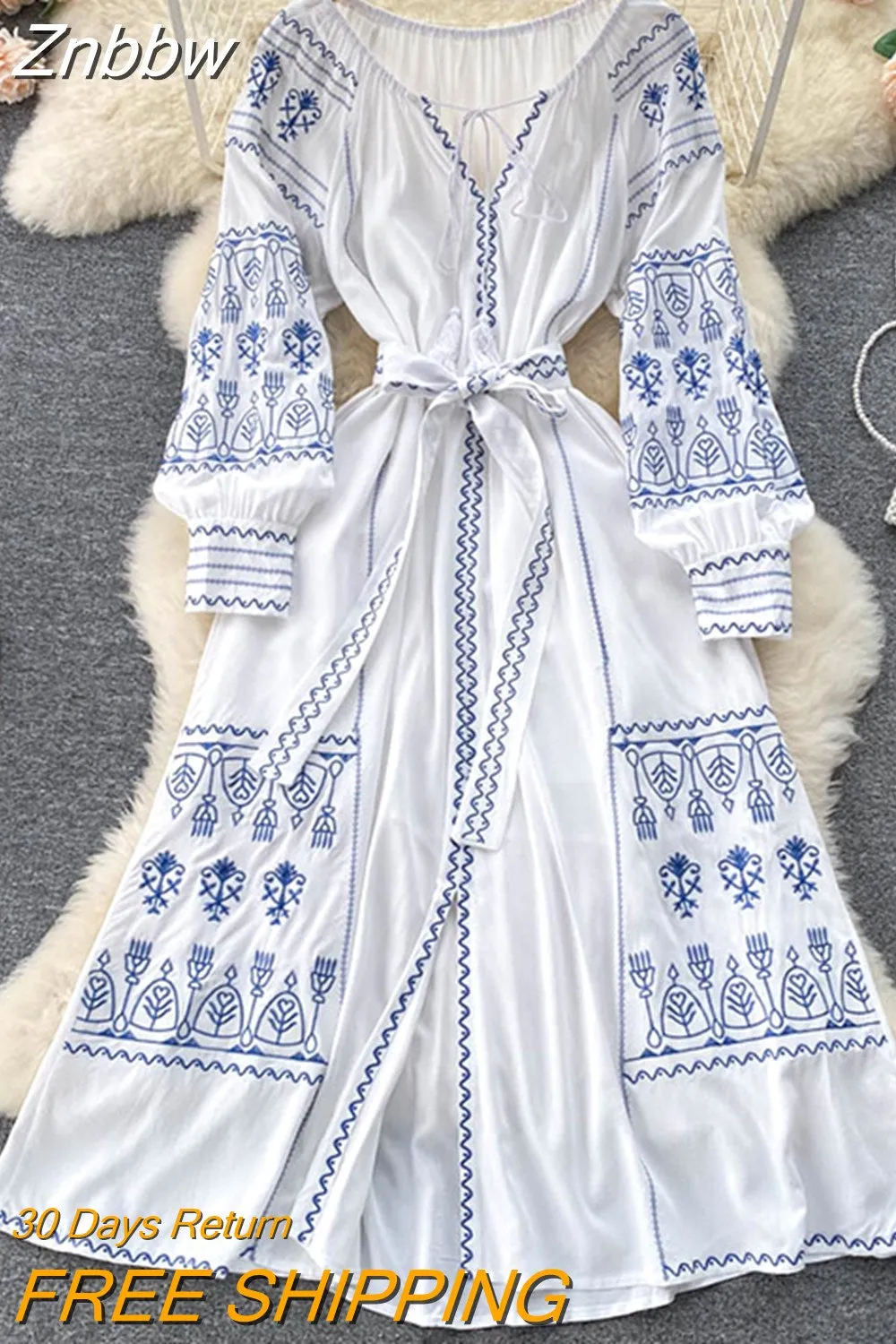 Znbbw Autumn French Vintage Long Sleeve Embroidered Dress Feminine High Waist Slit Long Swing Dresses for Women GD694 - Image 6