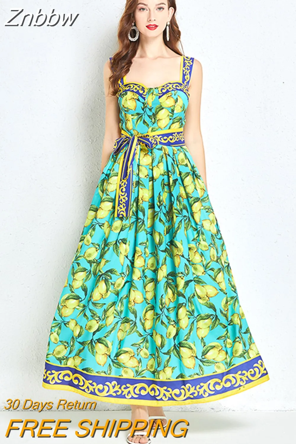 Znbbw Women's Runway Fashion Maxi Dress Summer Bohemia Lemon Print Lace Up Belt High Waist Vacation Long Spaghetti Strap Dress