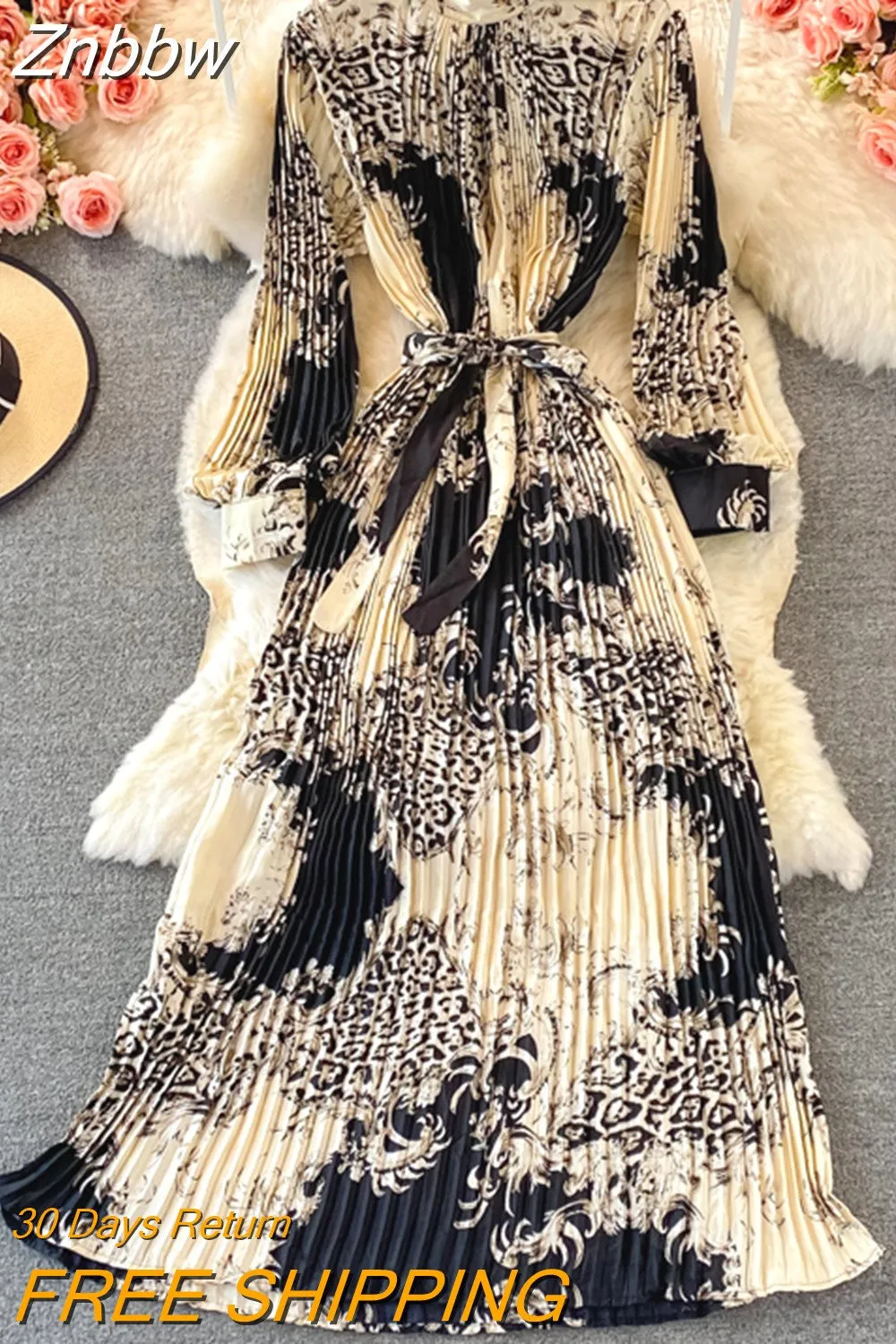 Znbbw Spring Autumn New Dress Temperament Turtleneck Waist Slim Long Sleeves Lace Up Wild Floral Maxi Vestidos Female UK016 - Image 10