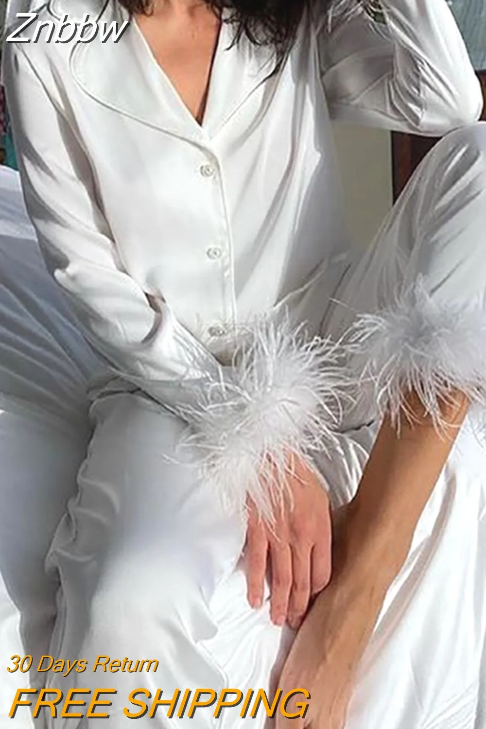 Znbbw Satin Feather Women 2 Piece Set Fashion Long Sleeve Bowknot Up Long Blouse Female Shirt Tops Wide Leg Pants Suit Outfits