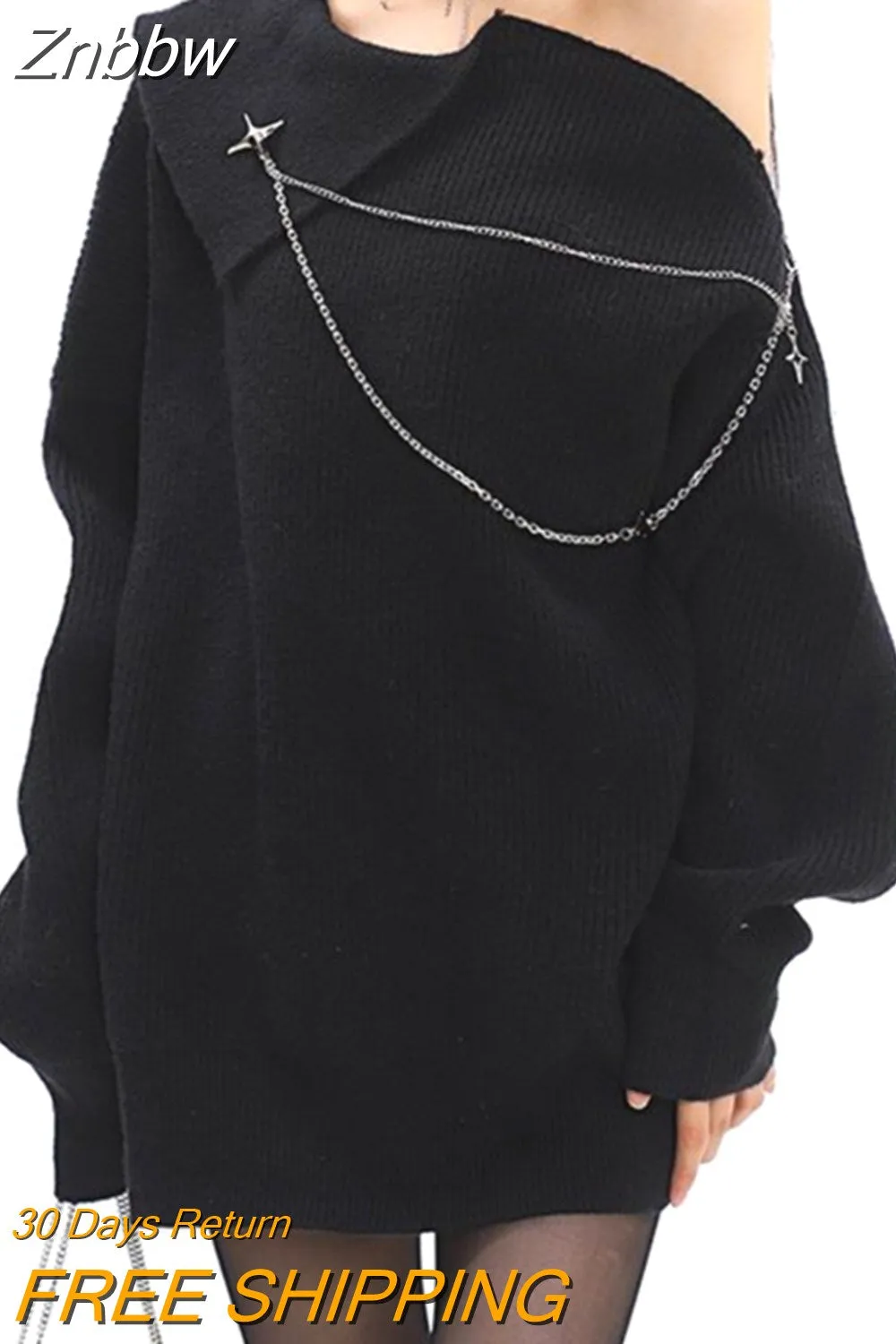 Znbbw Y2K Gothic Oversized Sweater Women Punk Grunge Zipper Knitted Jumper Sexy Loose Casual Off Shoulder Chic Pullover Tops