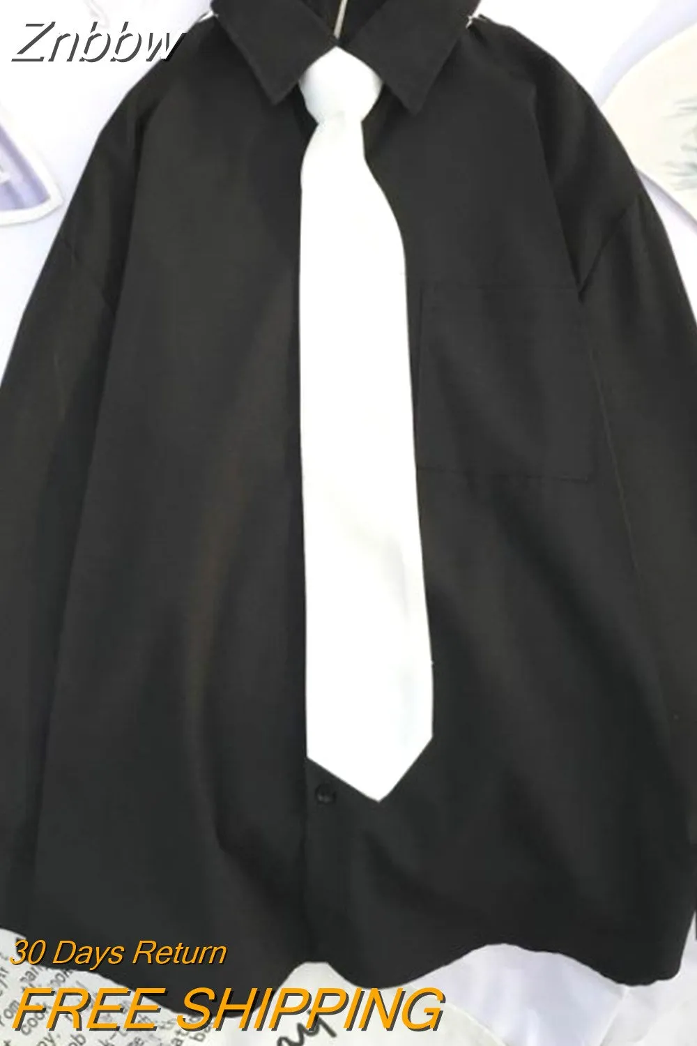 Znbbw 2023 Long Sleeve Loose Student Blouse Shirt Women White Black Turn Down Collar Autumn Casual Oversized Shirt Vintage Top - Image 4