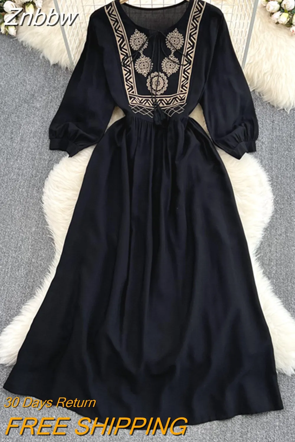 Znbbw Summer National Temperament Round Long Sleeve Embroidered Loose Lace A-line Dress Elegant Large Swing Vestidos D1571 - Image 7