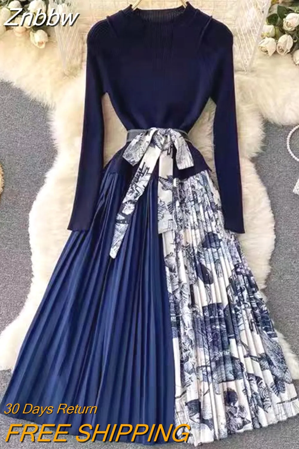 Znbbw Winter Elegant Knitted Patchwork Gradient Print Pleated Dress Women Long Sleeve Office One-Piece Sweater Dress With Belt - Image 7