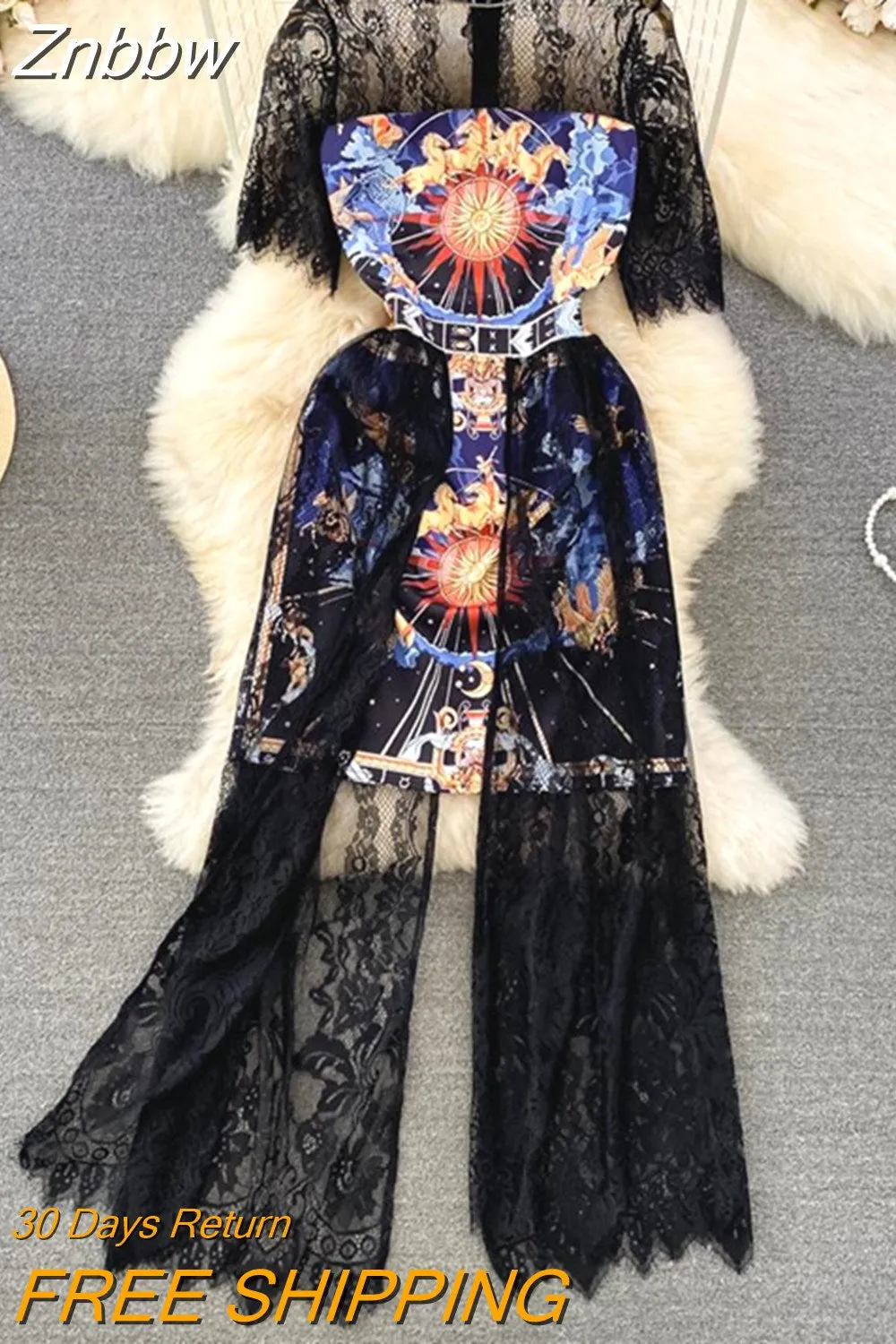 Znbbw Women Retro Puff Short Sleeve Stand Collar Lace Patchwork Print Dress Ladies Runway Fashion Elegant Midi Party Vestidos