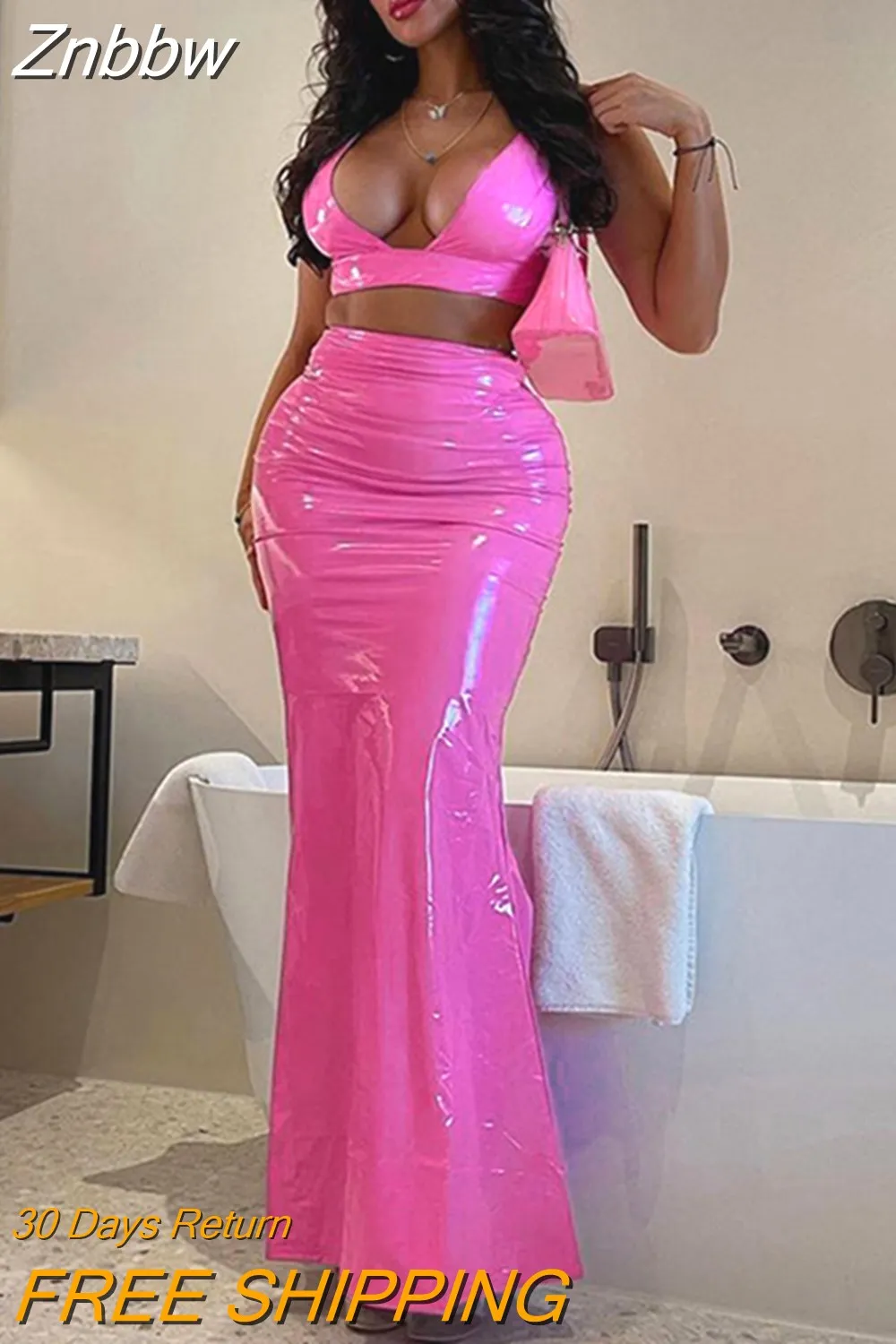 Znbbw Piece Set Women Faux Leather Outfits Sexy Backless Lace Up Camisole Top+High Waist Casual Maxi Skirt 2023 Spring Fall Suits