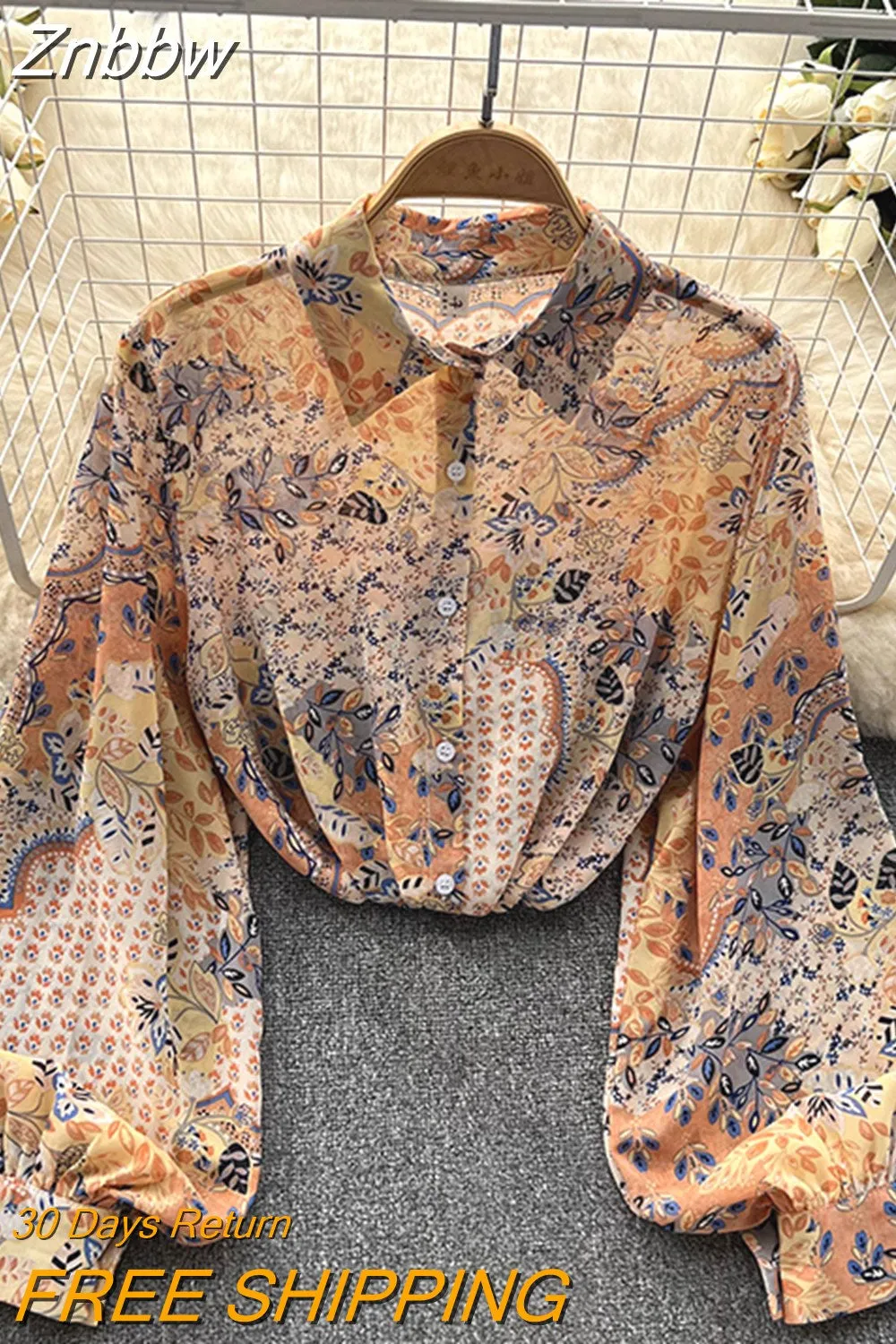 Znbbw Autumn Women's Korean Loose Versatile Long Sleeve Shirt Top New Lantern Sleeve Print Temperament POLO Collar Shirt G18 - Image 10