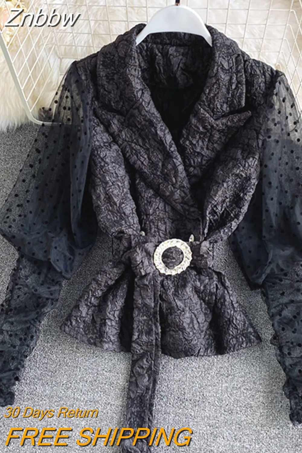 Znbbw Spring Fashion Blouse KoreanTemperament Suit Collar Waist Mesh Bubble Long-sleeved Doll Short Waist Waist Shirt Top UK424