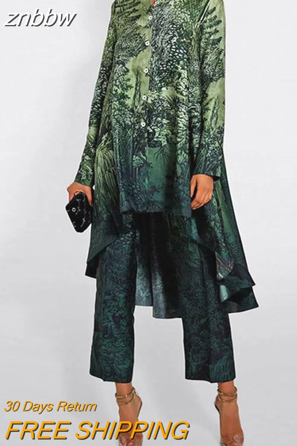 znbbw Women Spring Chic New Loose Outfits Fashion Street Long Sleeve Shirt Suits Lapel Shirts + Trousers Art Print Two Piece Set - Image 3