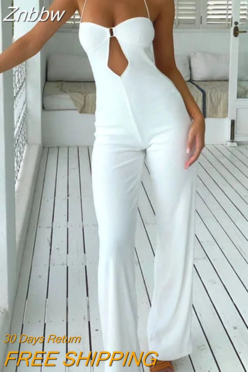 Znbbw Women Jumpsuit Fashion Sexy Halter Lace Up Sleeveless Solid Hollow Loose Wide Legs Pants Party Romper High Streetwear - Image 6