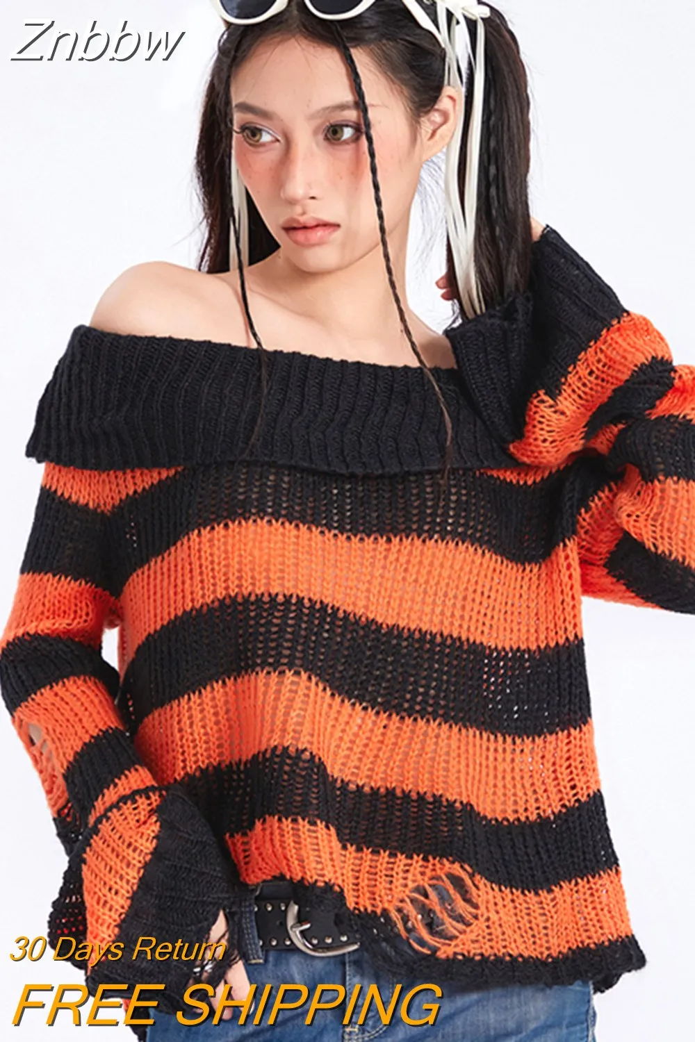Znbbw Y2k Punk Rock Zipper Sexy Off Shoulder Sweaters Women Gothic Black Grey Stripes Broken Hole Loose Knitted Jumpers - Image 5