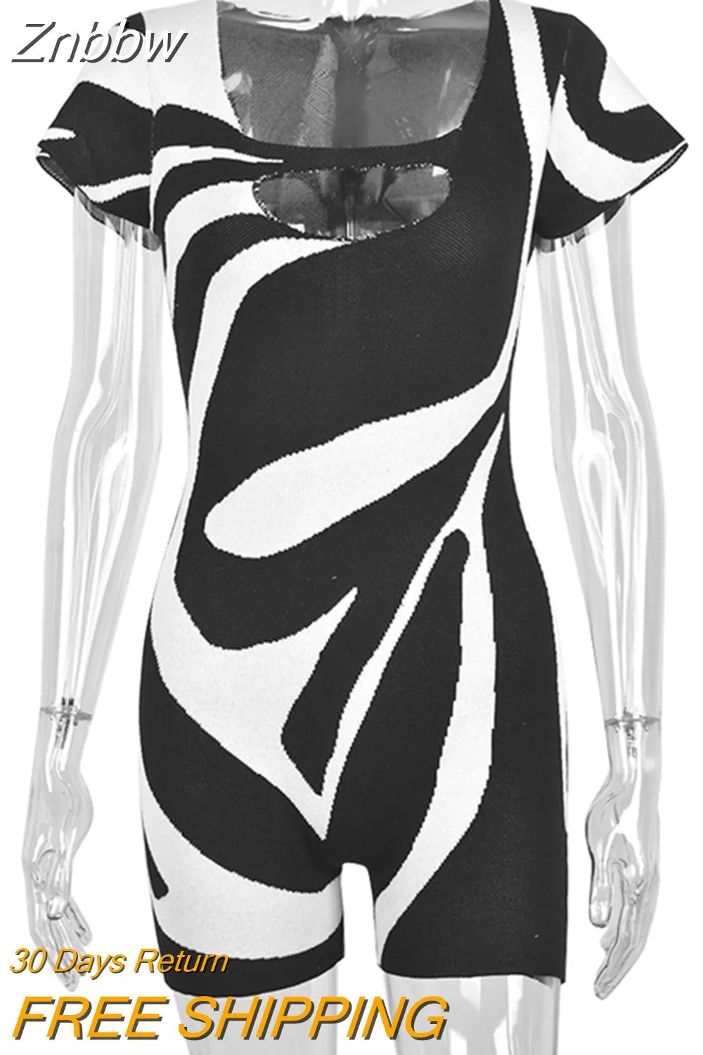 Znbbw Zebra Print Square Collar Slim Playsuits Women Short Sleeve Cut Out One Piece Rompers 2023 Summer Harajuku Y2K Clothes - Image 4