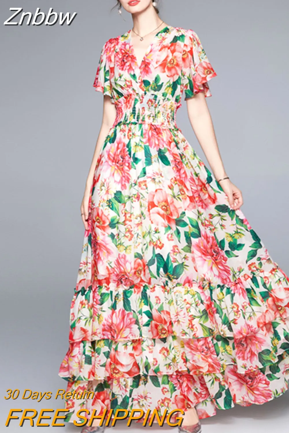 Znbbw 2023 Summer Boho Maxi Dress Women Runway V-Neck Elastic Waist Ruffles Floral Print Chiffon Long Party Dress N78868