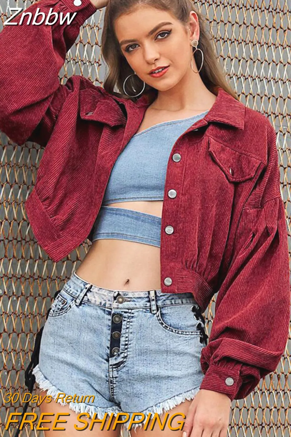 Znbbw Turn Down Collar Single Breasted Lantern Sleeve Corduroy Jacket 2023 Autumn New Women Solid Cropped Coat Jackets - Image 10