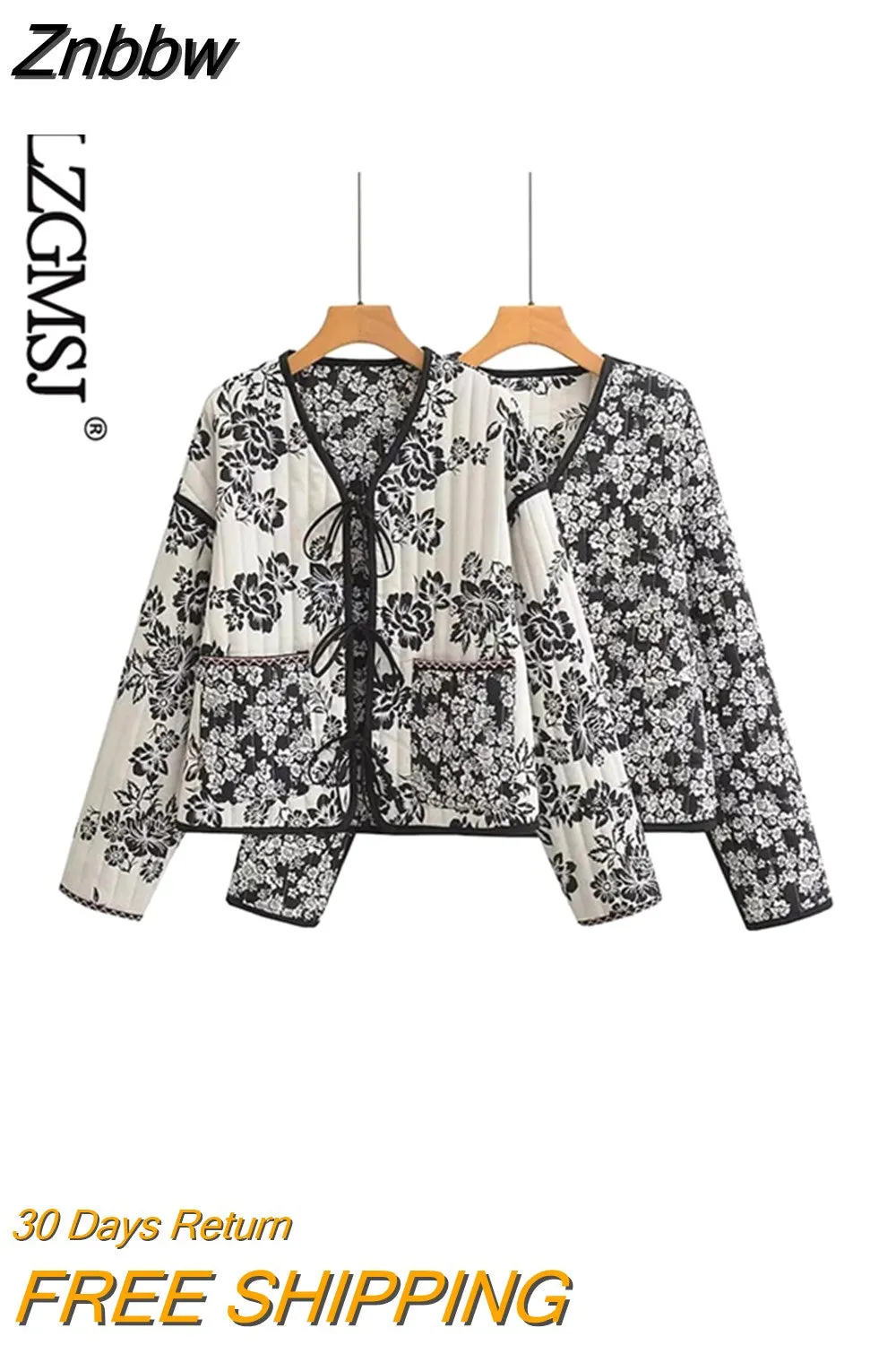 Znbbw 2023 Women Fashion Print Quilted Jacket Women Retro V Neck Tie Winter Warm Padded Jacket Female Chic Reversible Jacket