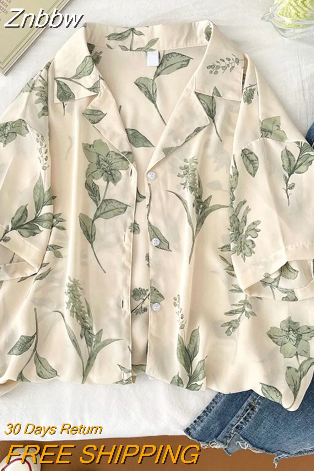 Znbbw Women Turn Down Collar Short Sleeve Blouse College wind Leaf Print Shirts Summer Casual Office Button Vintage Shirt Tops